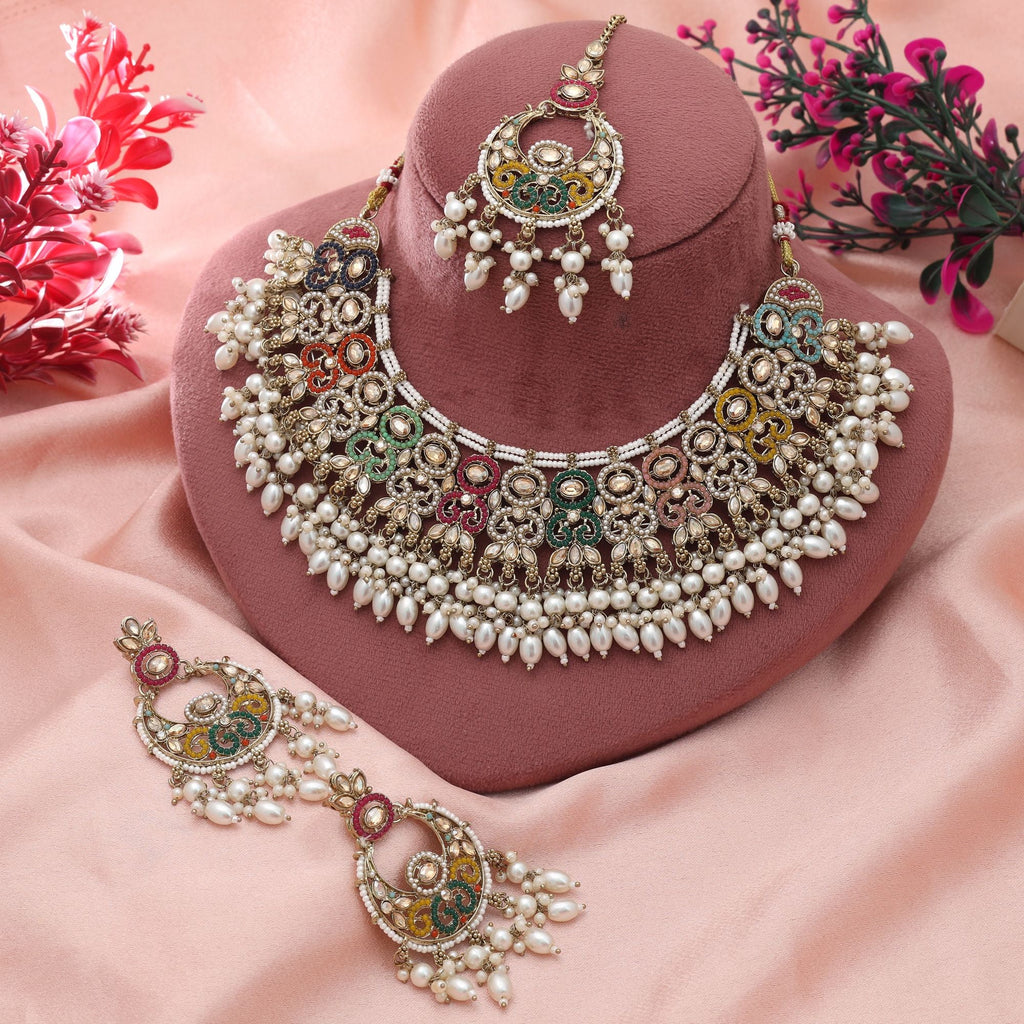 Multi Color Pakistani Kundan Necklace Set Designer Style