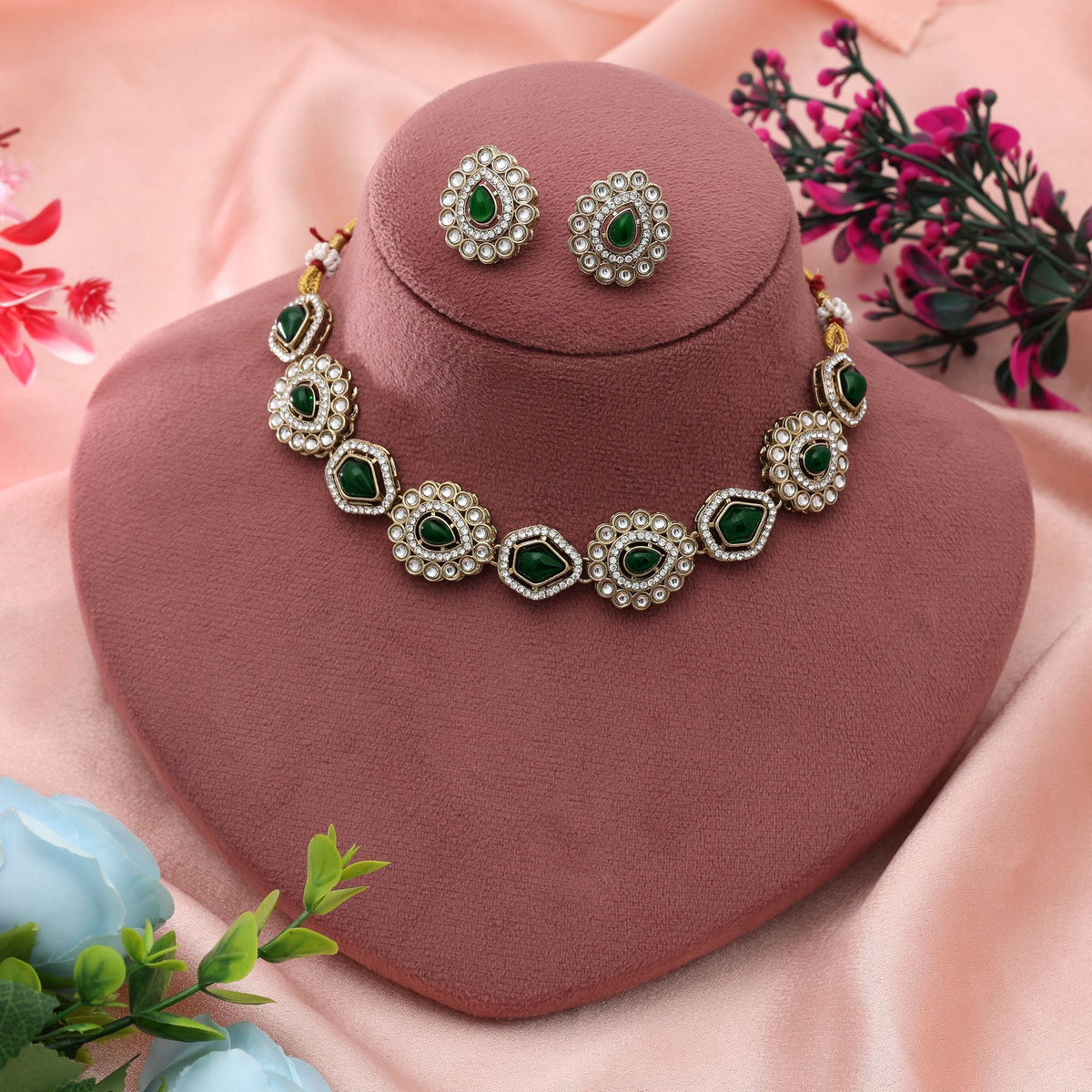 Green Color Kundan Necklace Set Festive Style