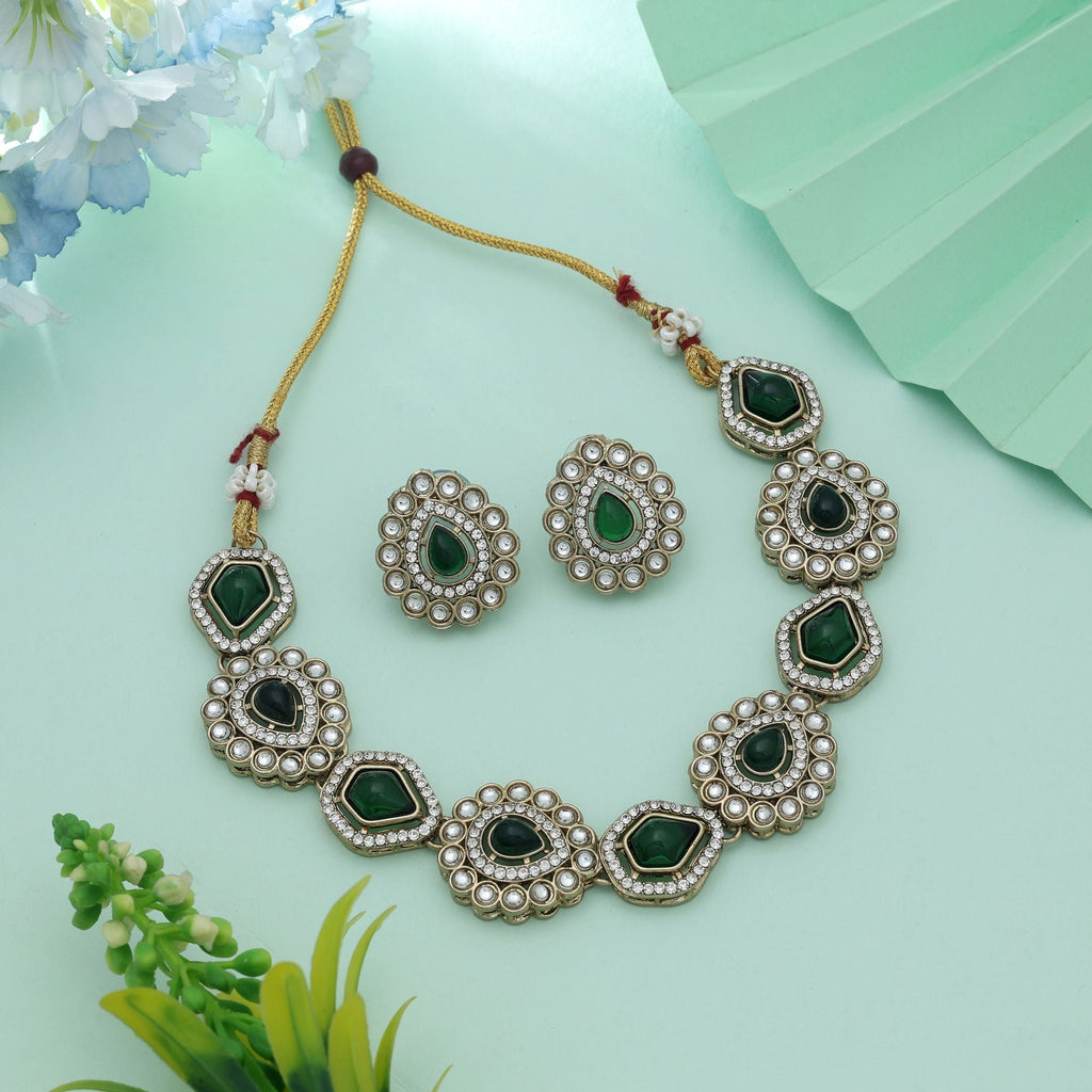 Green Color Kundan Necklace Set Festive Style