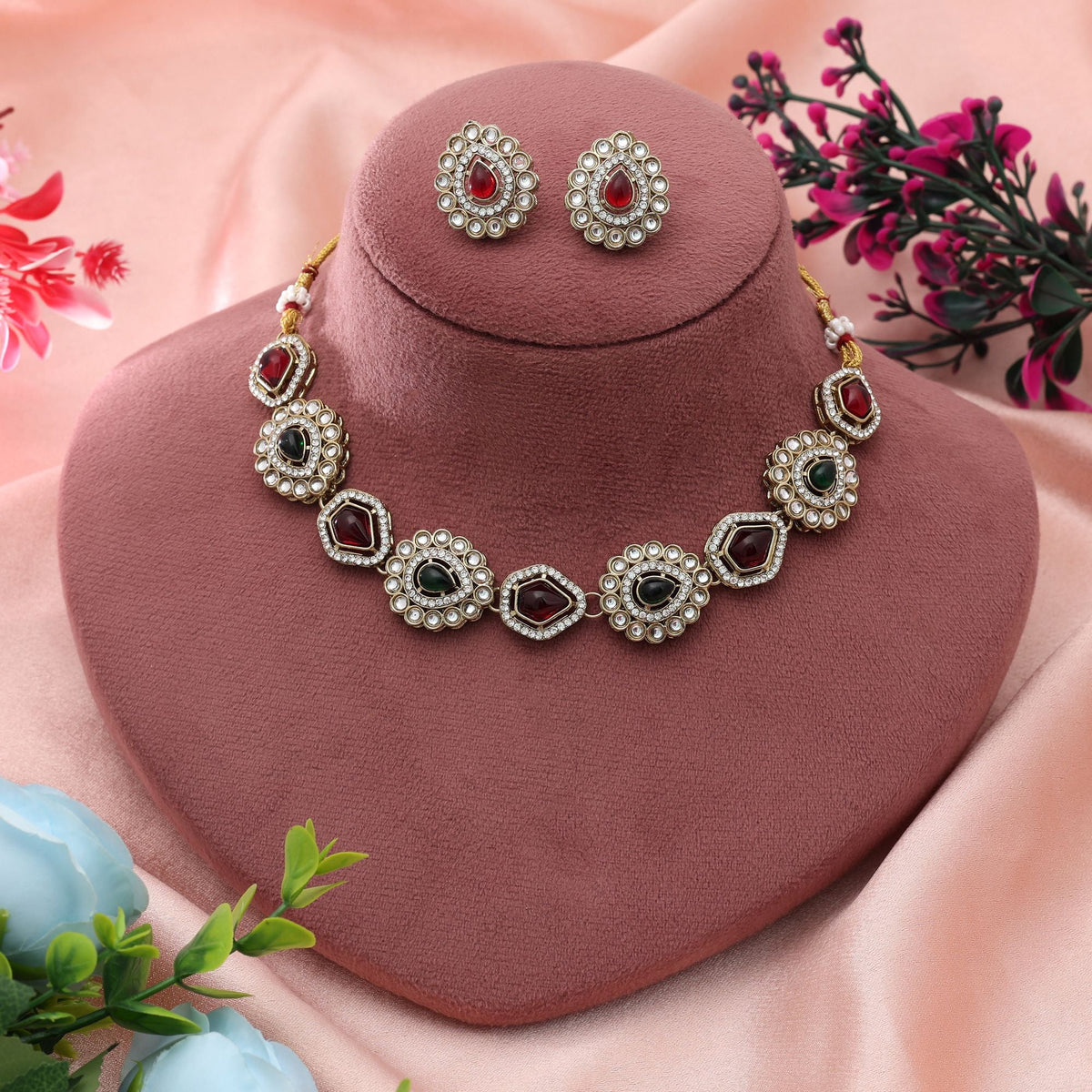 Maroon & Green Kundan Necklace Set Dual Tone