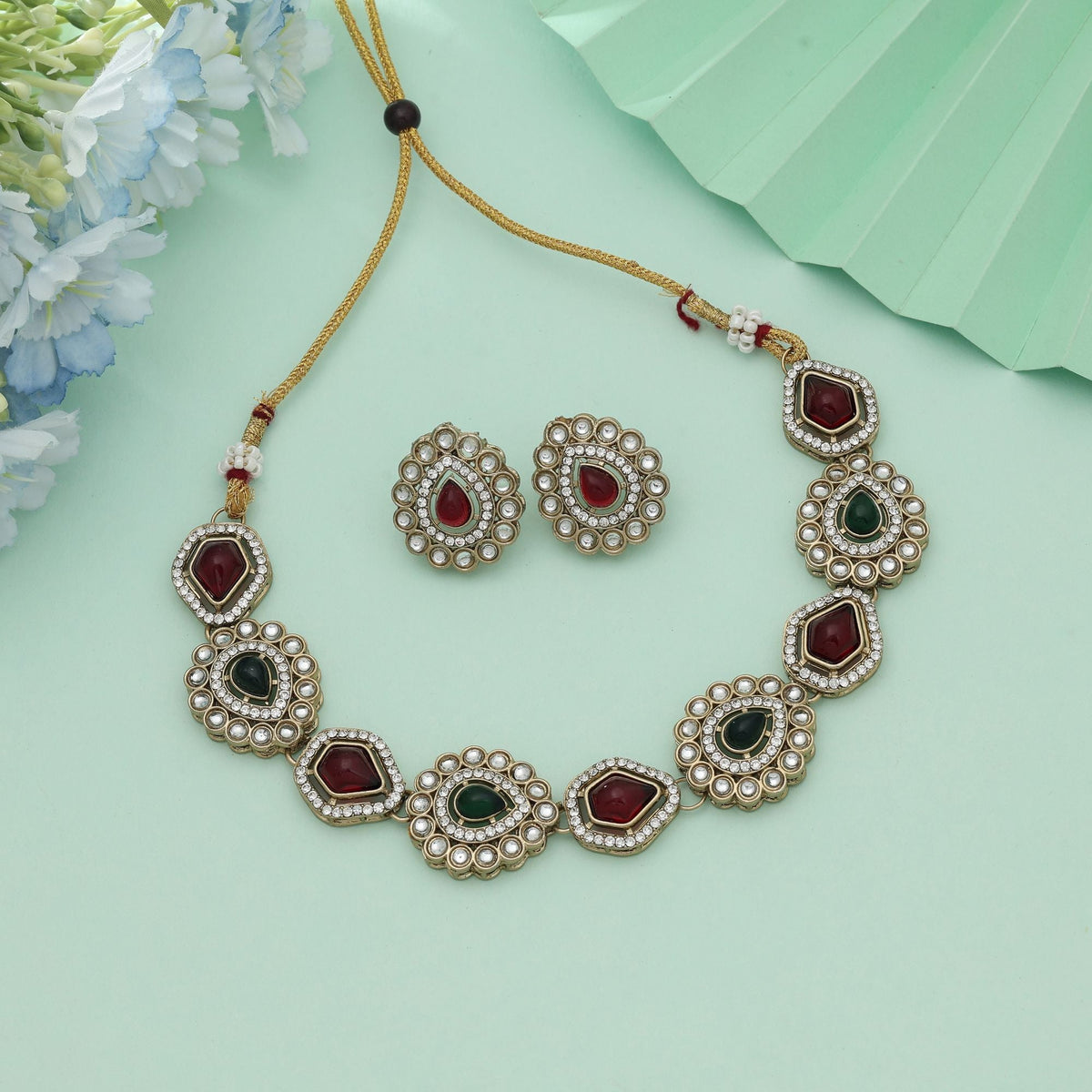 Maroon & Green Kundan Necklace Set Dual Tone