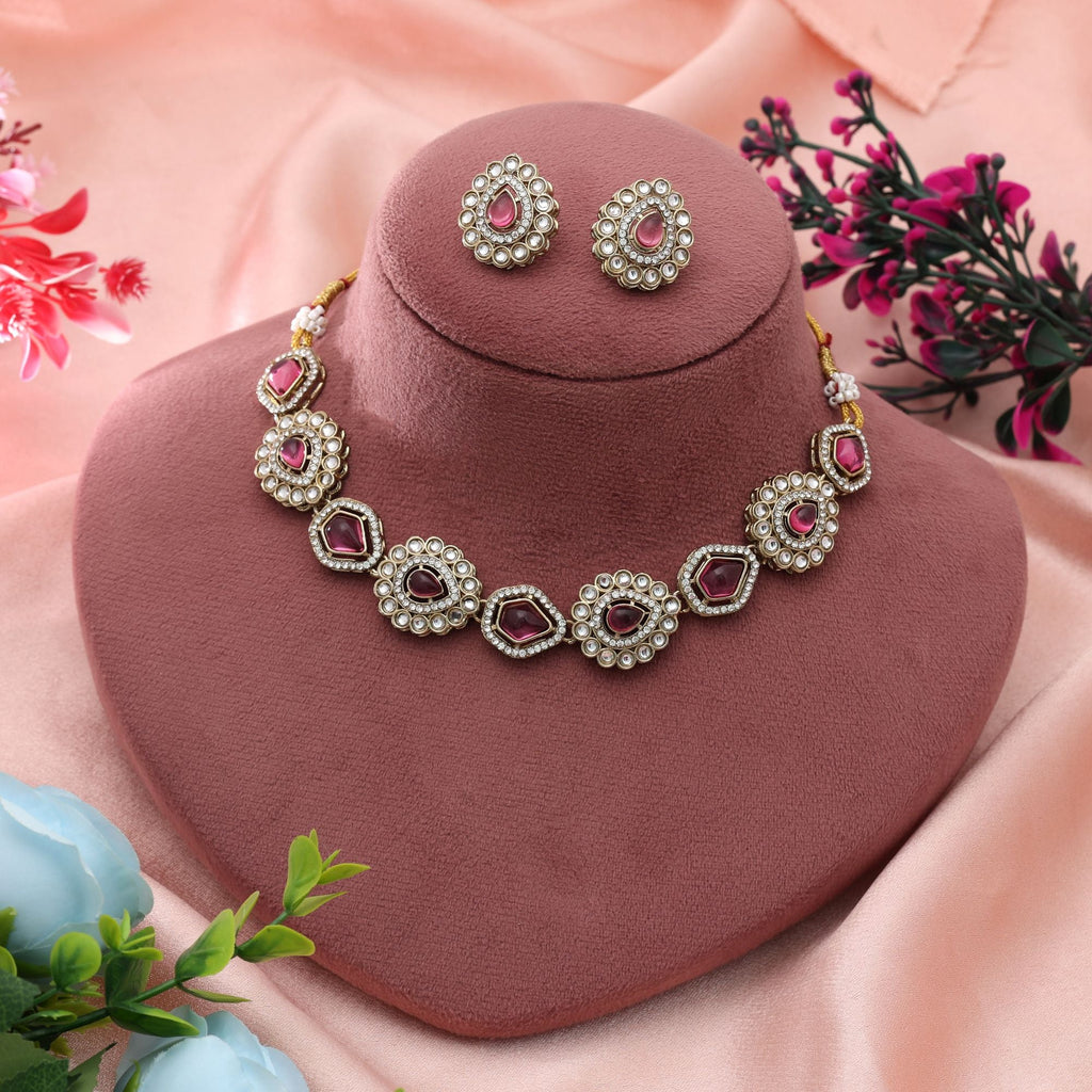 Magenta Color Kundan Necklace Set Bridal Style