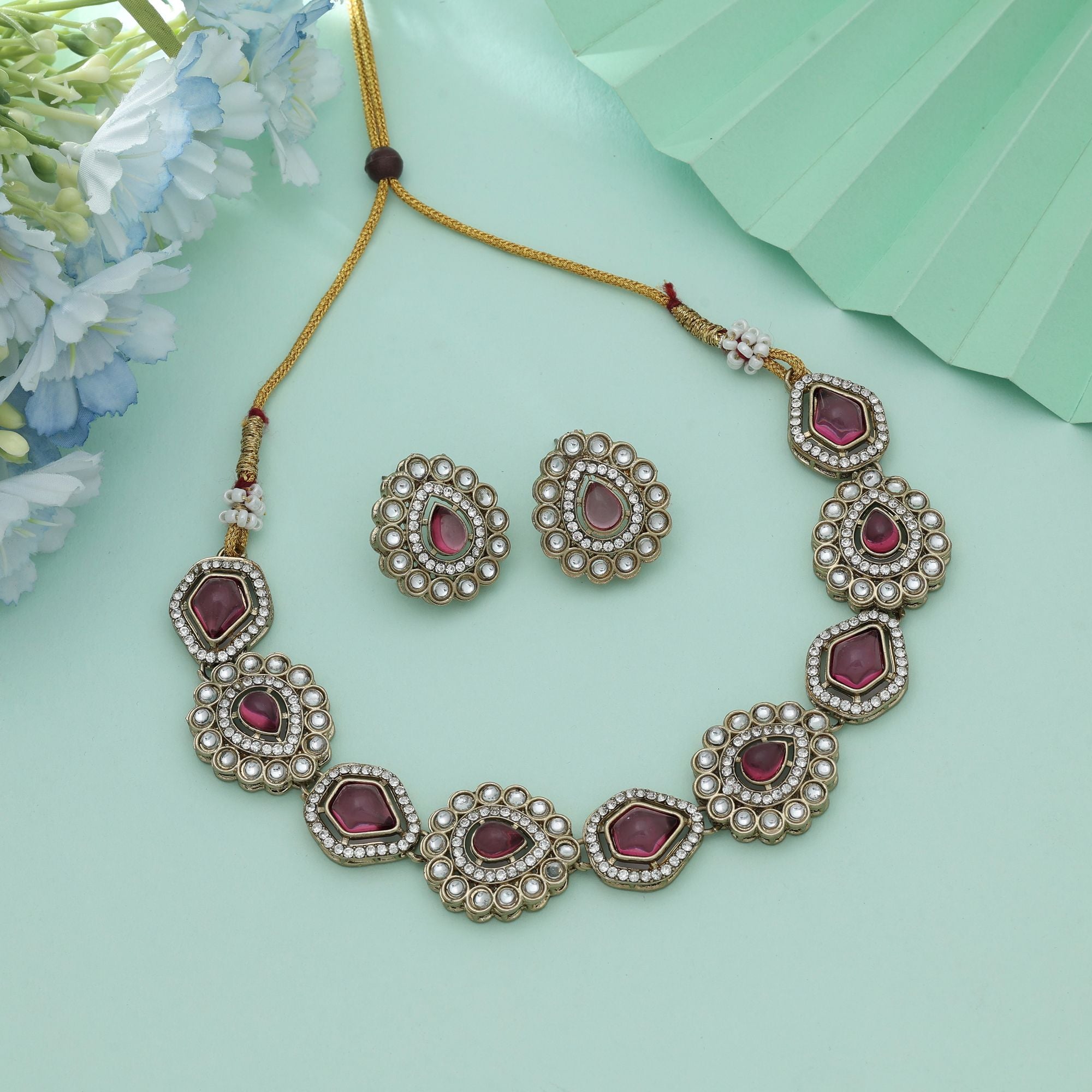 Magenta Color Kundan Necklace Set Bridal Style