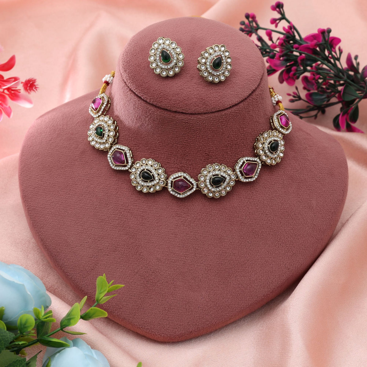 Rani & Green Kundan Necklace Set Dual Tone