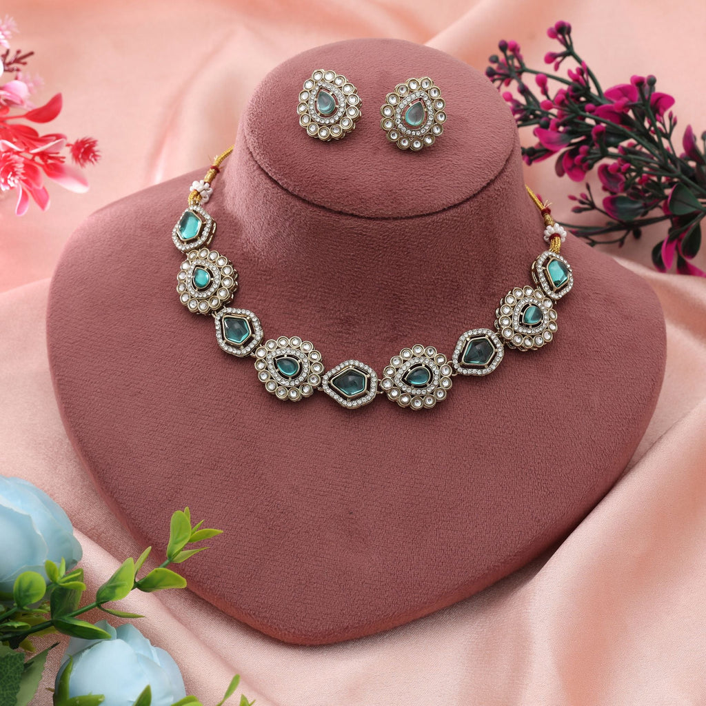Rama Green Color Kundan Necklace Set Classic Design