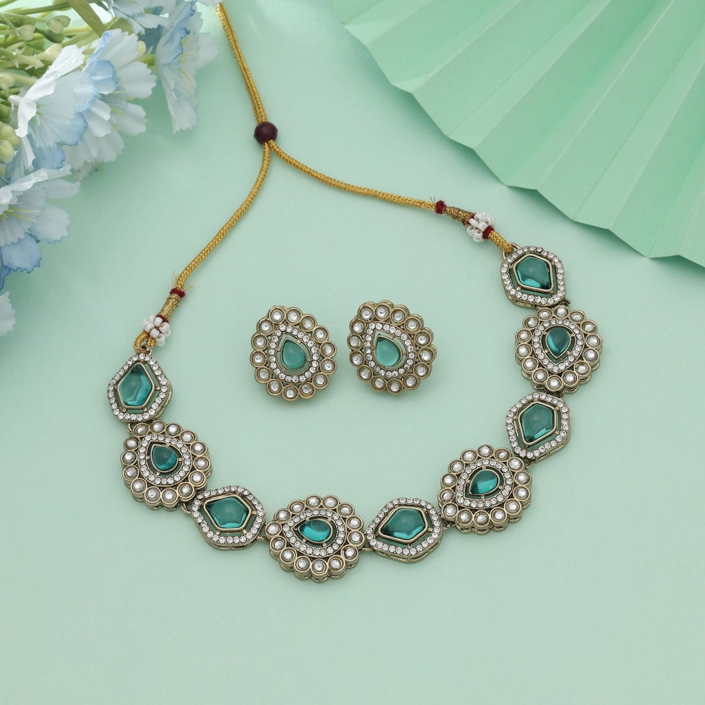 Rama Green Color Kundan Necklace Set Classic Design