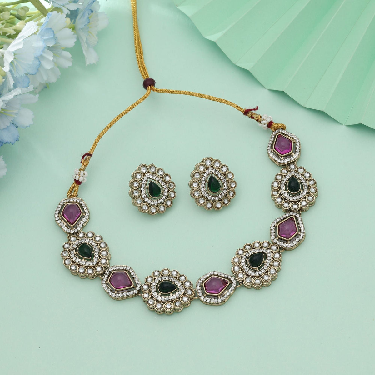 Rani & Green Kundan Necklace Set Dual Tone