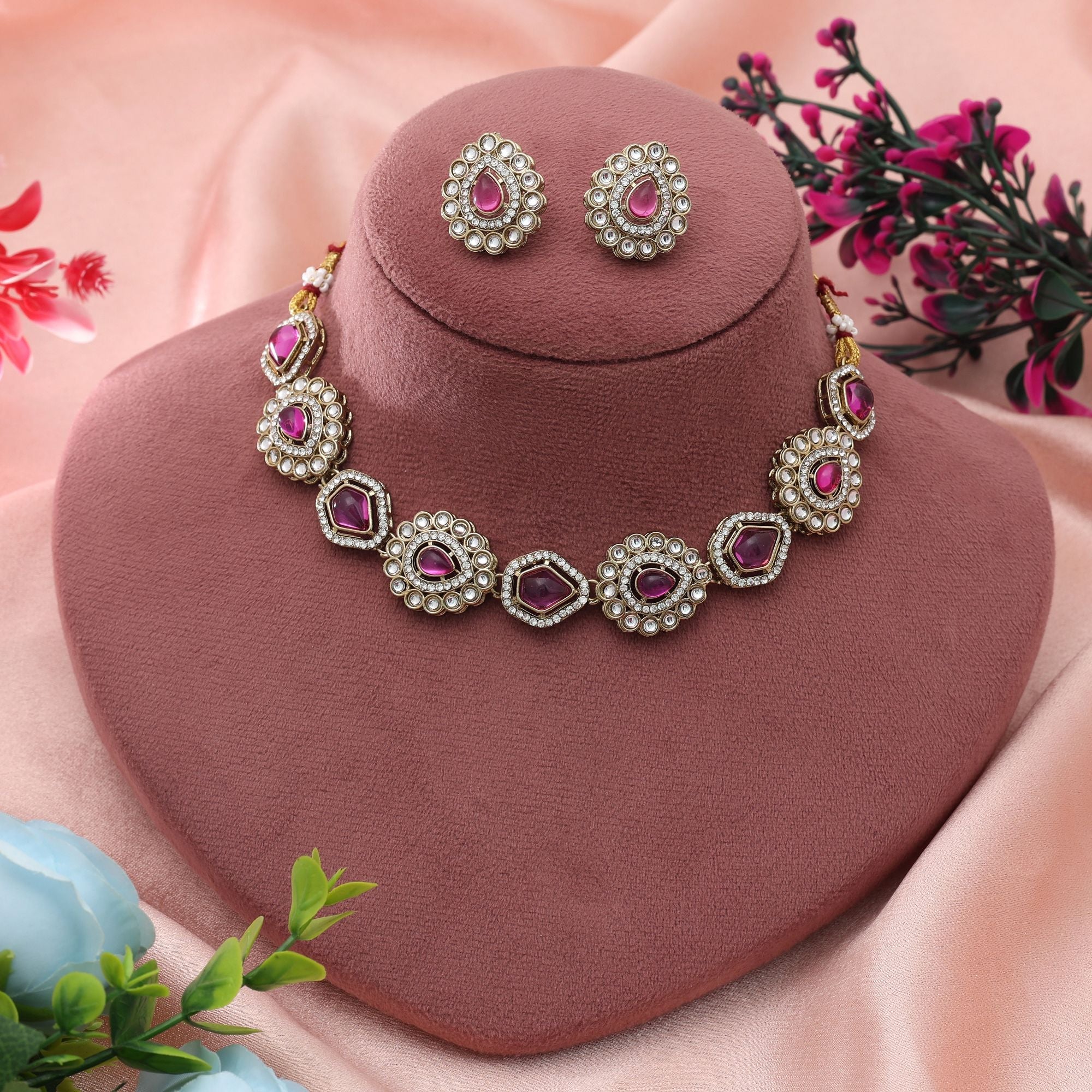 Rani Color Kundan Necklace Set Wedding Style