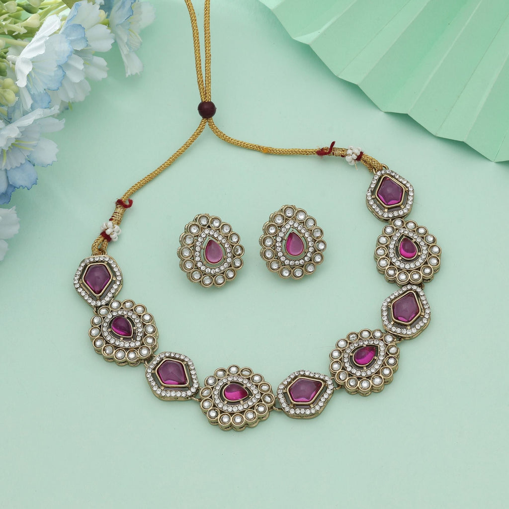 Rani Color Kundan Necklace Set Wedding Style