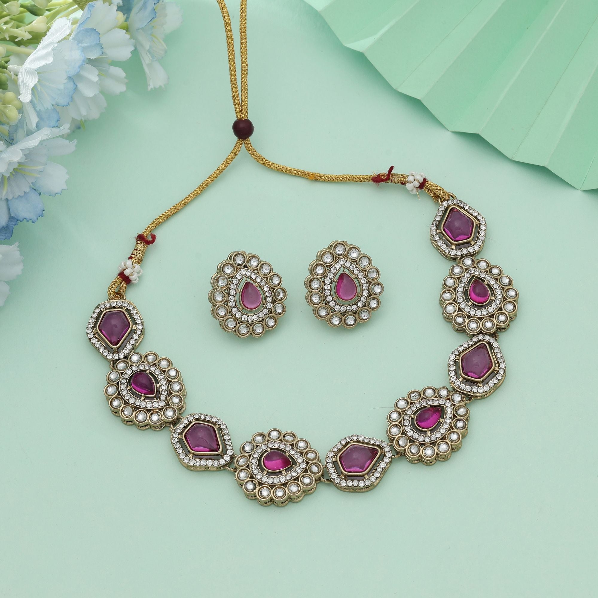 Rani Color Kundan Necklace Set Wedding Style