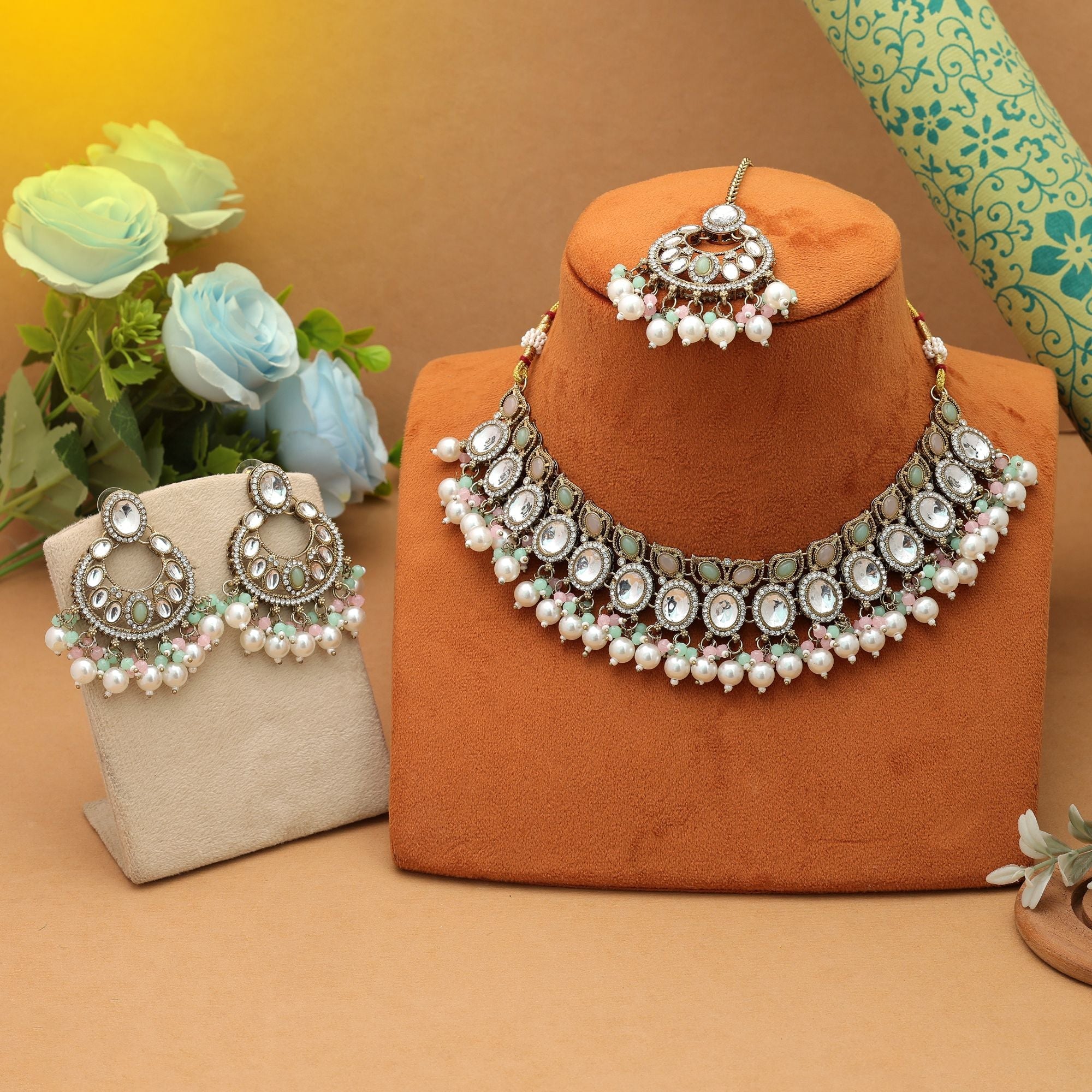 Fresh Pista Green Kundan Necklace Set