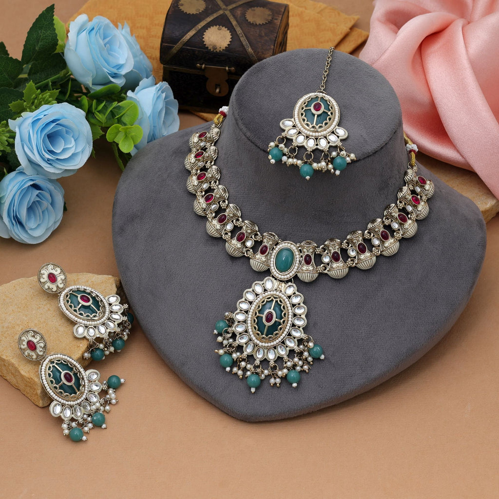 Premium Rani Green Kundan Necklace Set