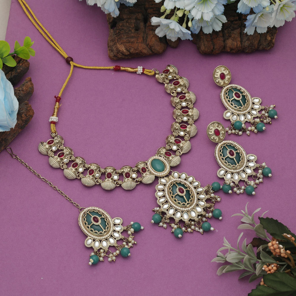 Premium Rani Green Kundan Necklace Set