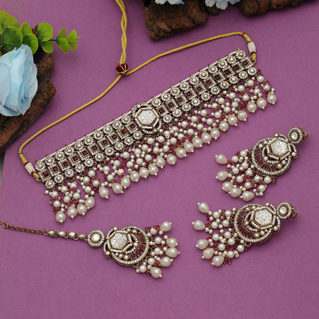 Bold Magenta Choker Kundan Necklace Set