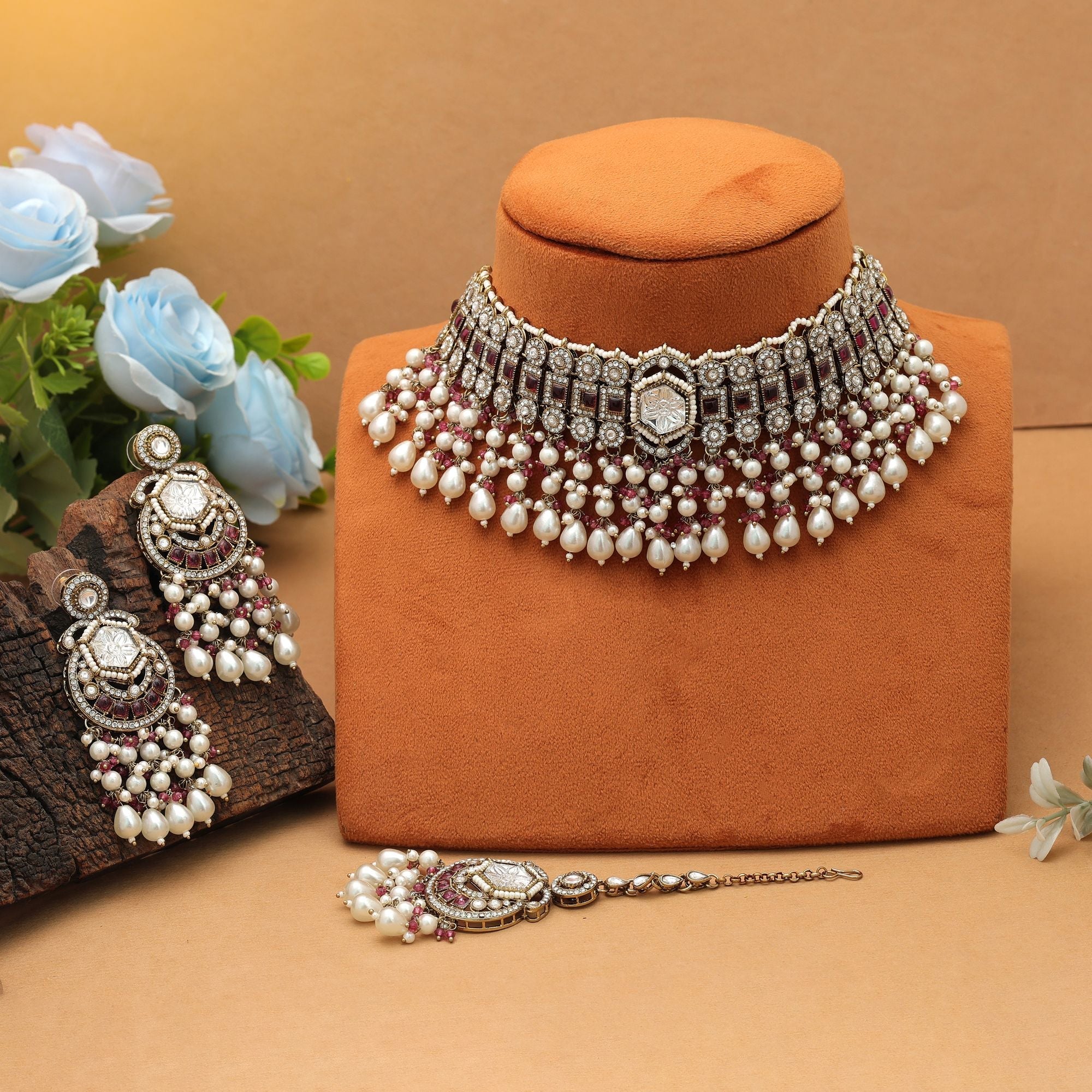 Bold Magenta Choker Kundan Necklace Set