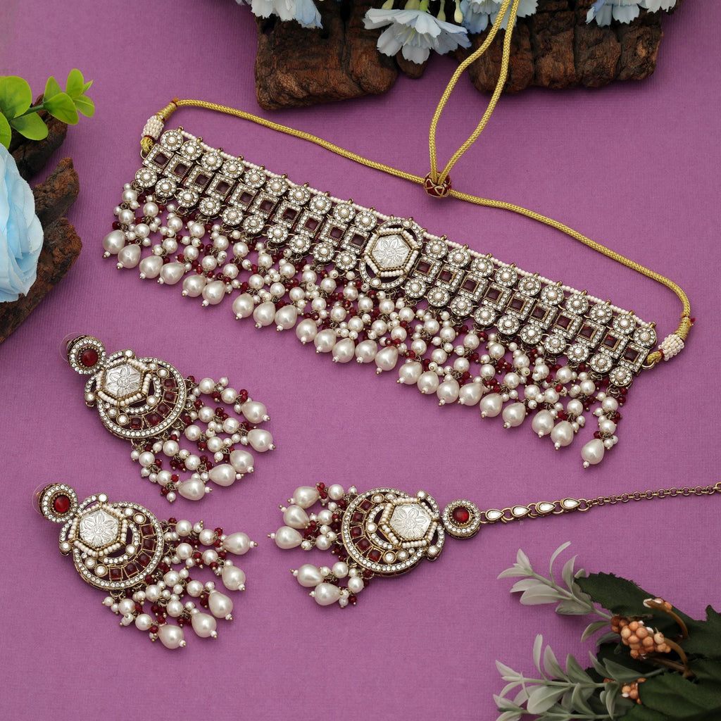 Rich Maroon Choker Kundan Necklace Set