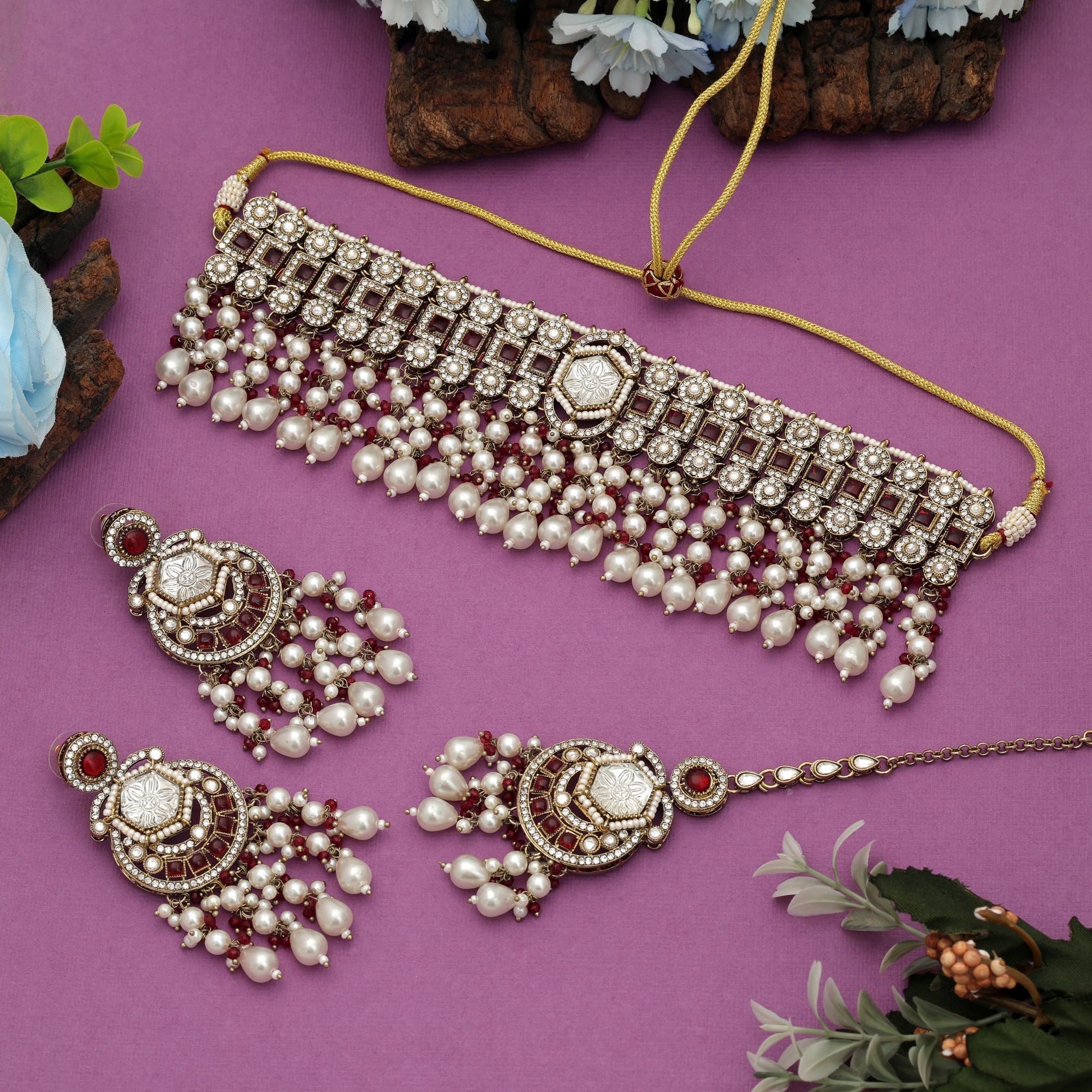 Rich Maroon Choker Kundan Necklace Set