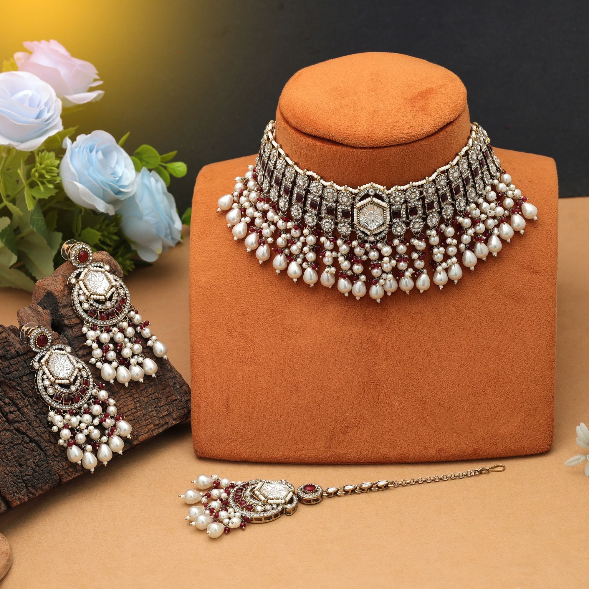 Rich Maroon Choker Kundan Necklace Set