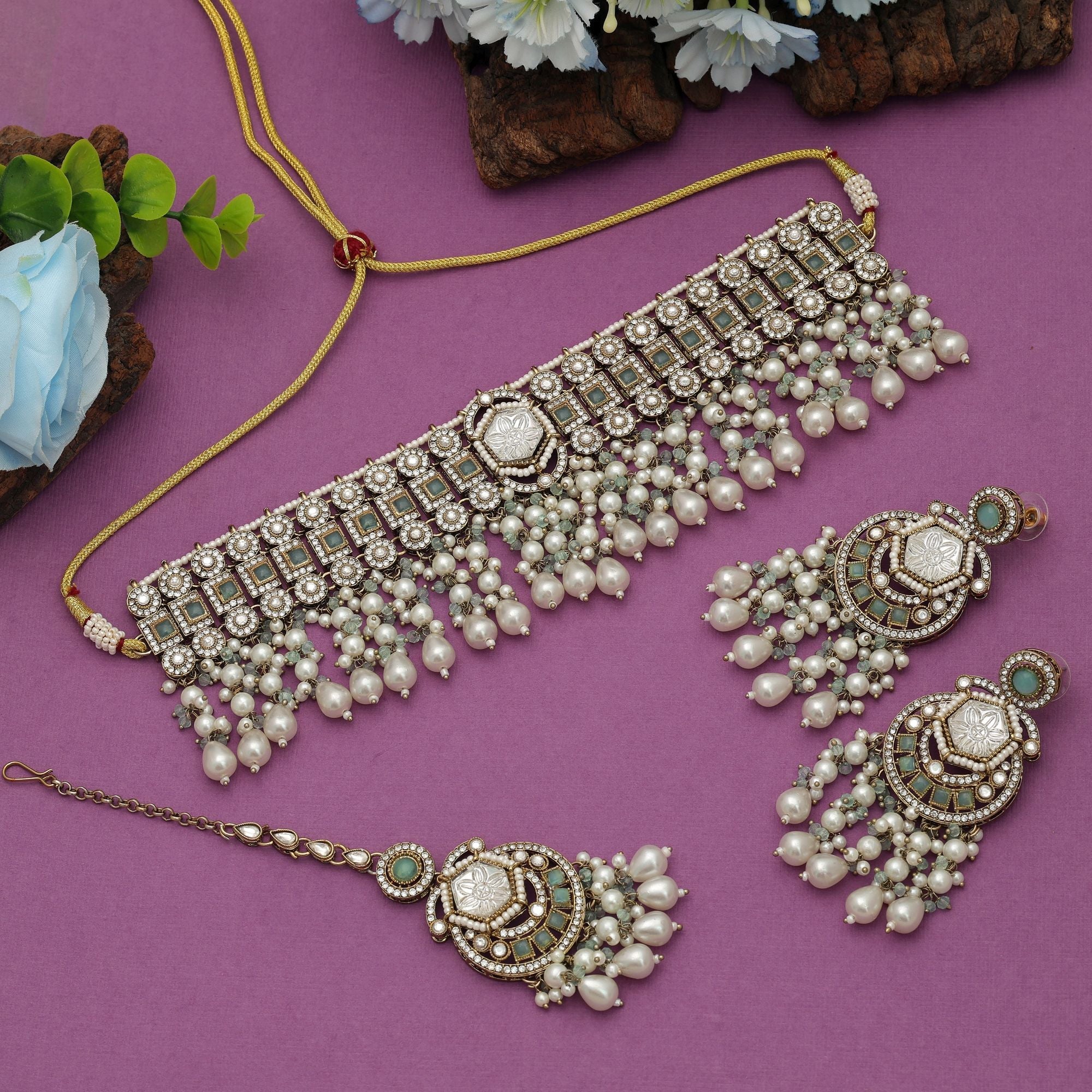 Premium Pista Green White Choker Kundan Necklace Set