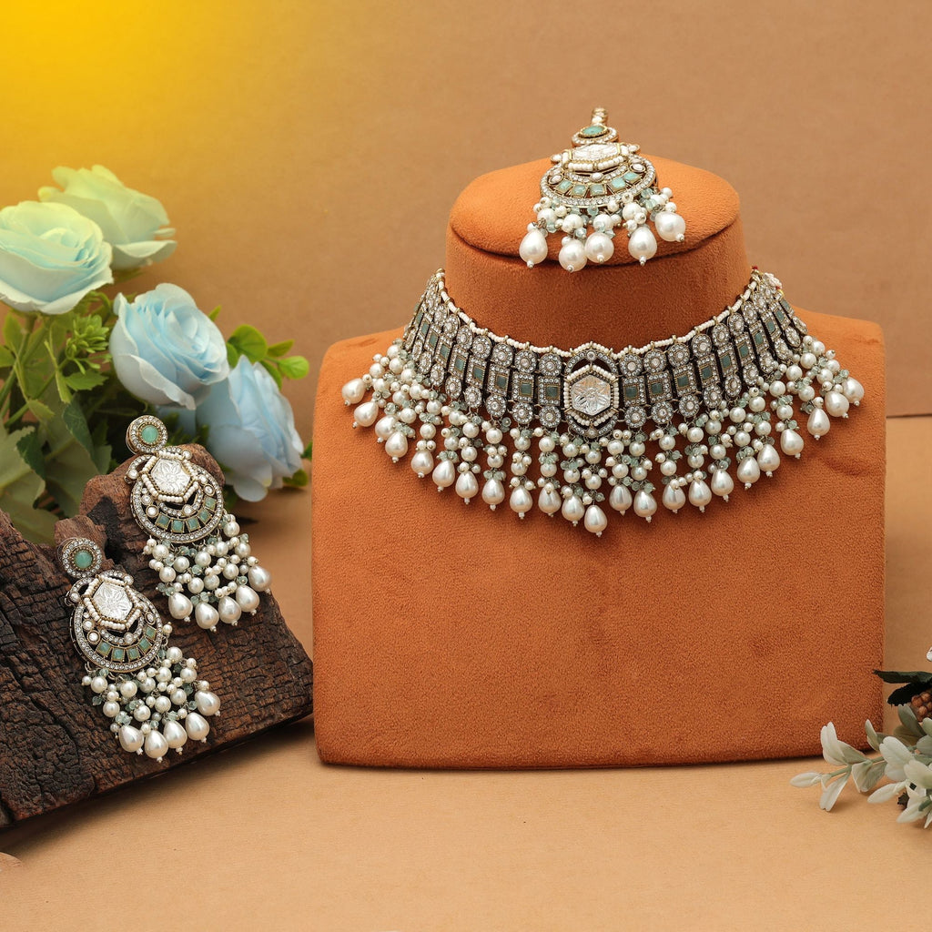 Premium Pista Green White Choker Kundan Necklace Set