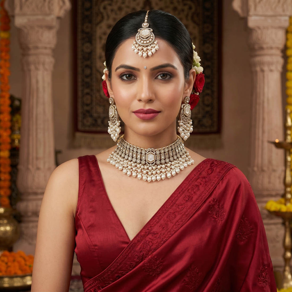 Elegant White Choker Kundan Necklace Set