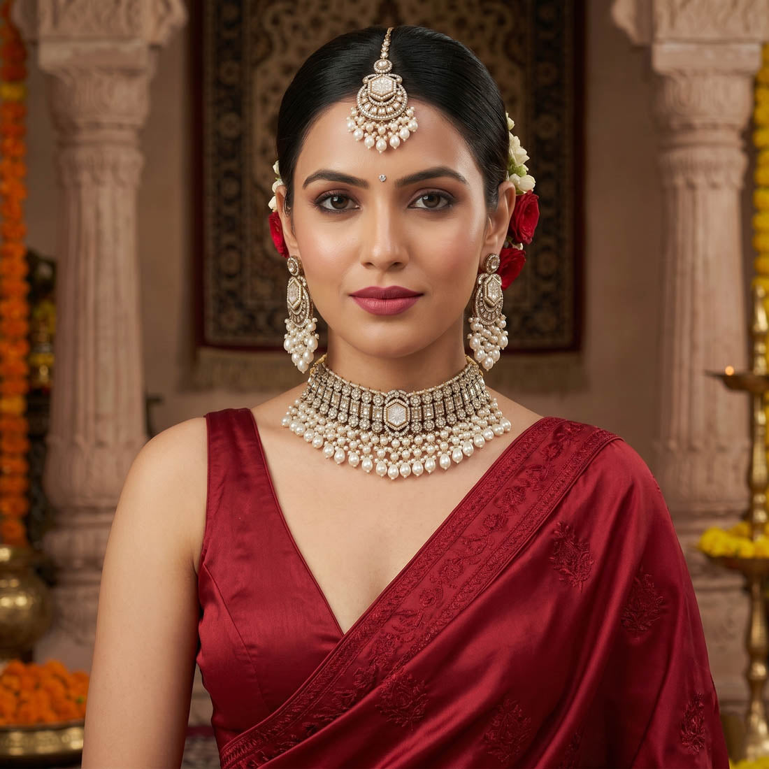 Elegant White Choker Kundan Necklace Set