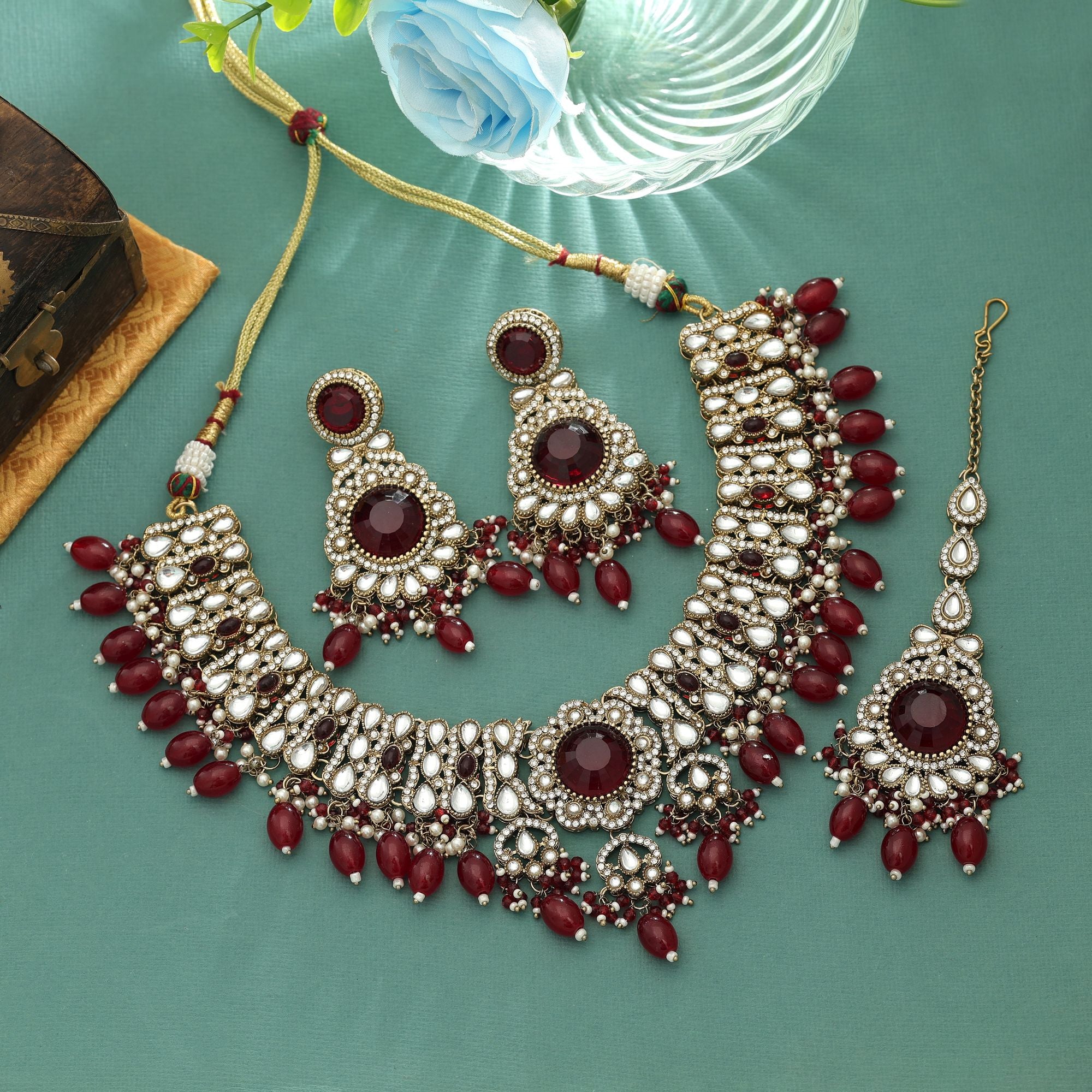 Deep Maroon Kundan Necklace Set