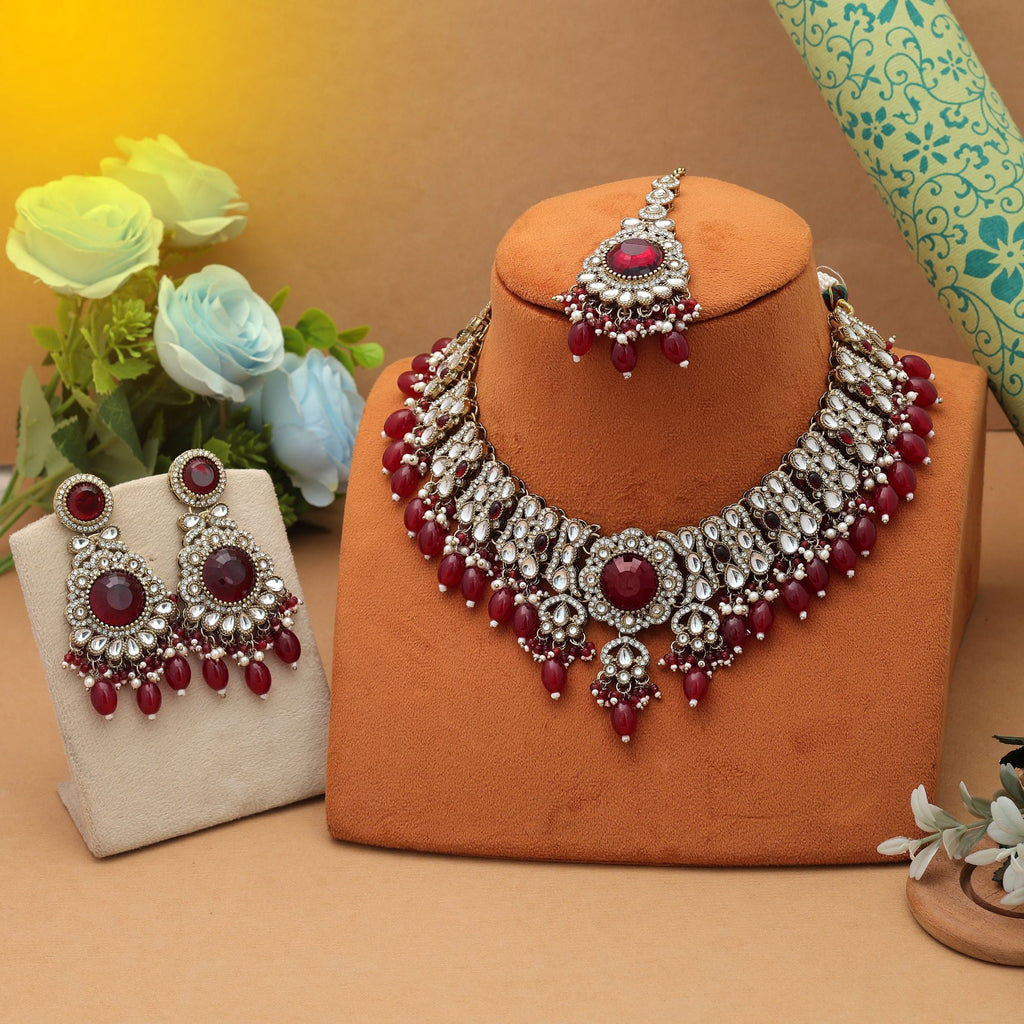 Deep Maroon Kundan Necklace Set