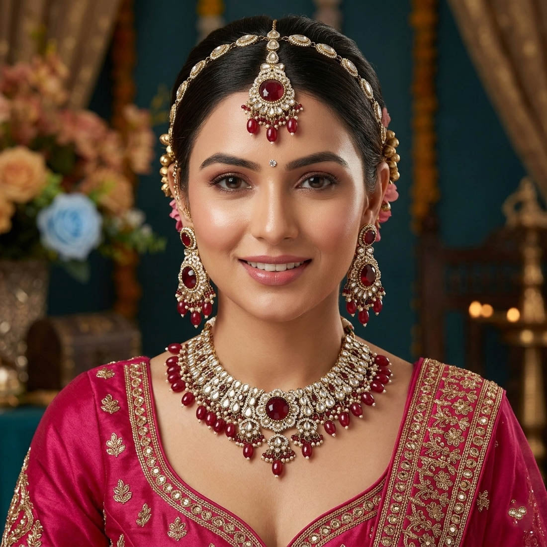 Deep Maroon Kundan Necklace Set