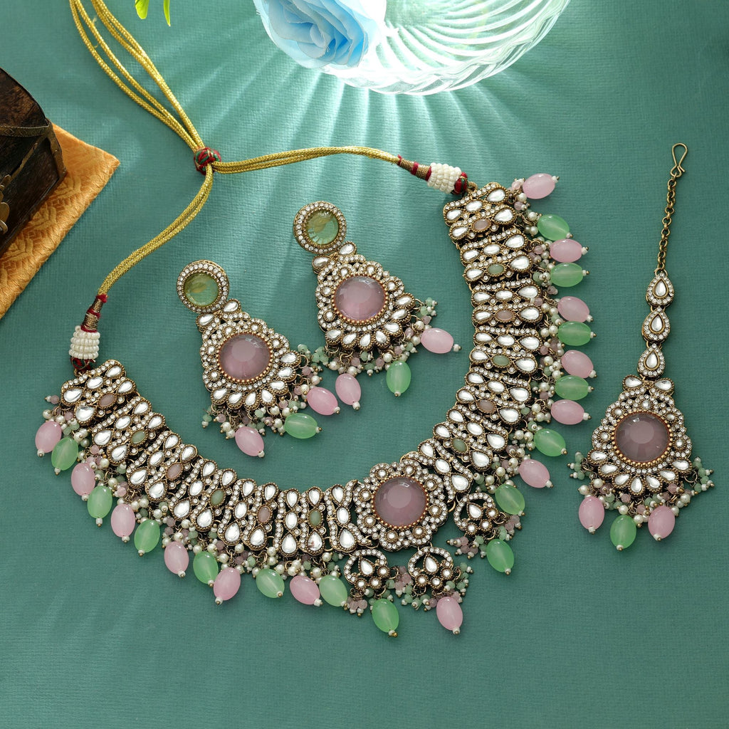Trendy Pista Green Pink Kundan Necklace Set