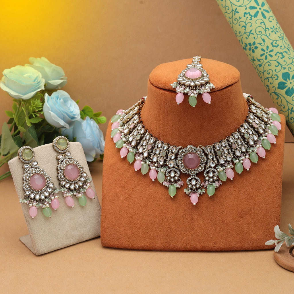 Trendy Pista Green Pink Kundan Necklace Set