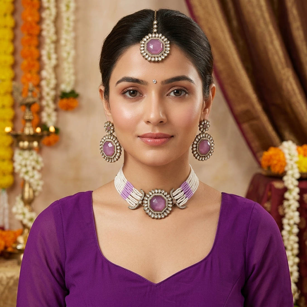 Graceful Light Purple Choker Kundan Necklace Set