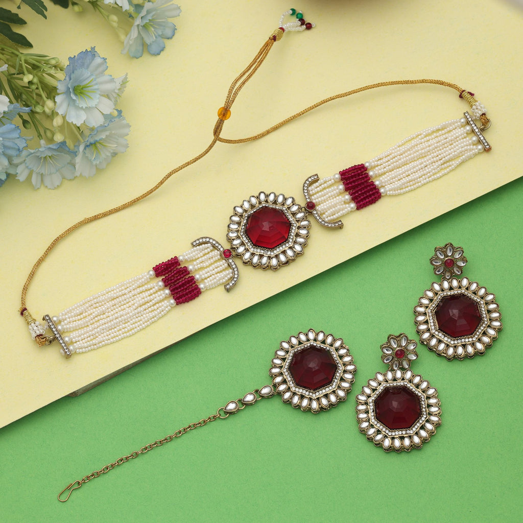 Grand Maroon Choker Kundan Necklace Set