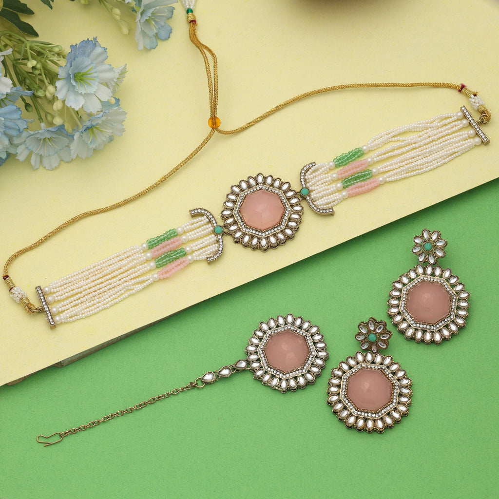 Elegant Pista Green Pink Choker Kundan Necklace Set