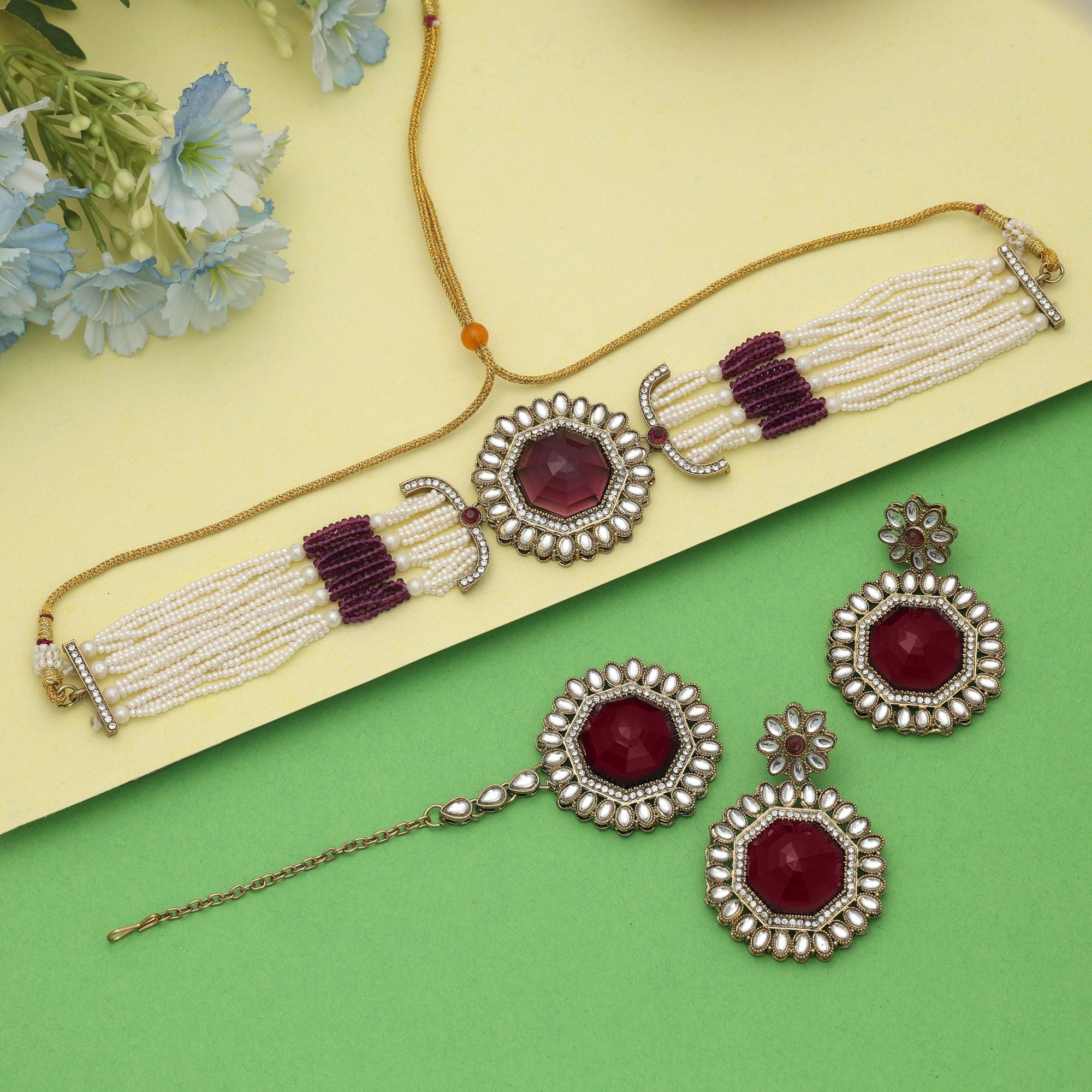 Trendy Purple Choker Kundan Necklace Set