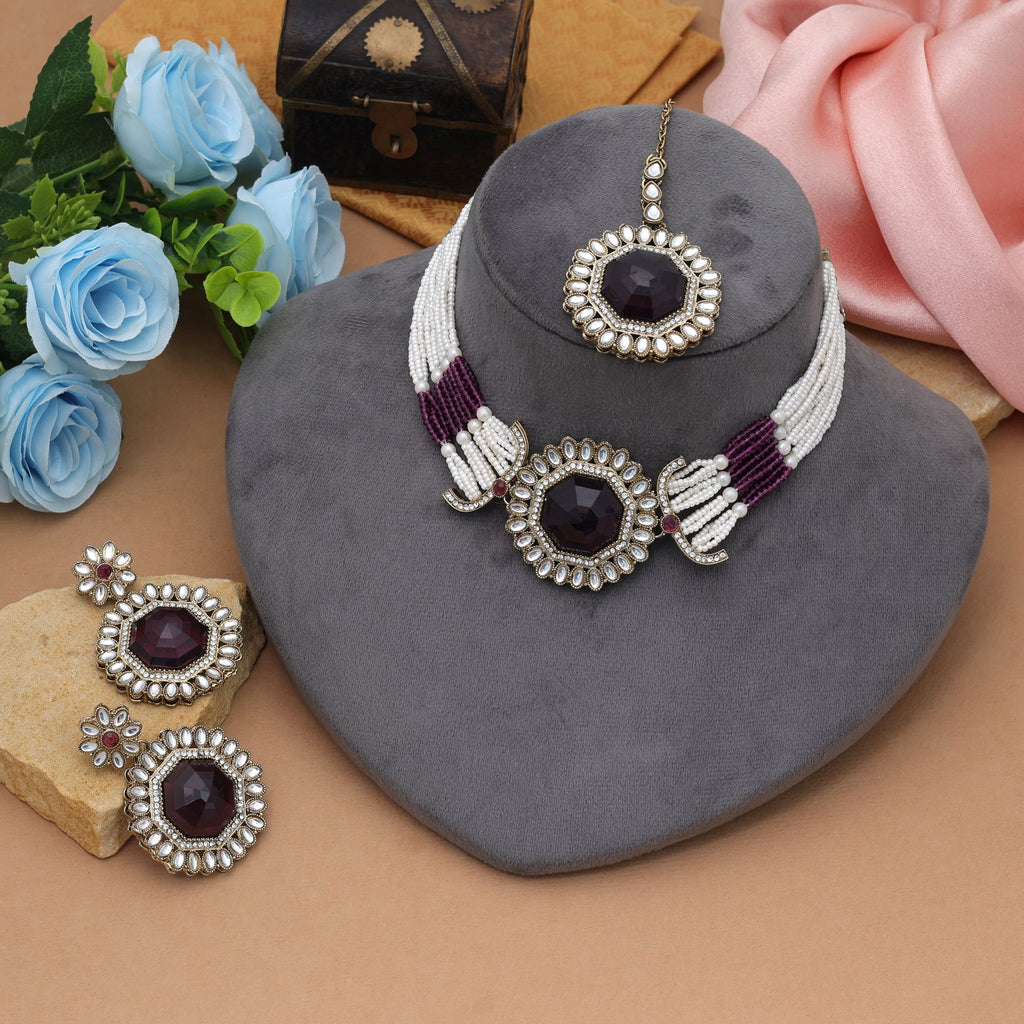 Trendy Purple Choker Kundan Necklace Set