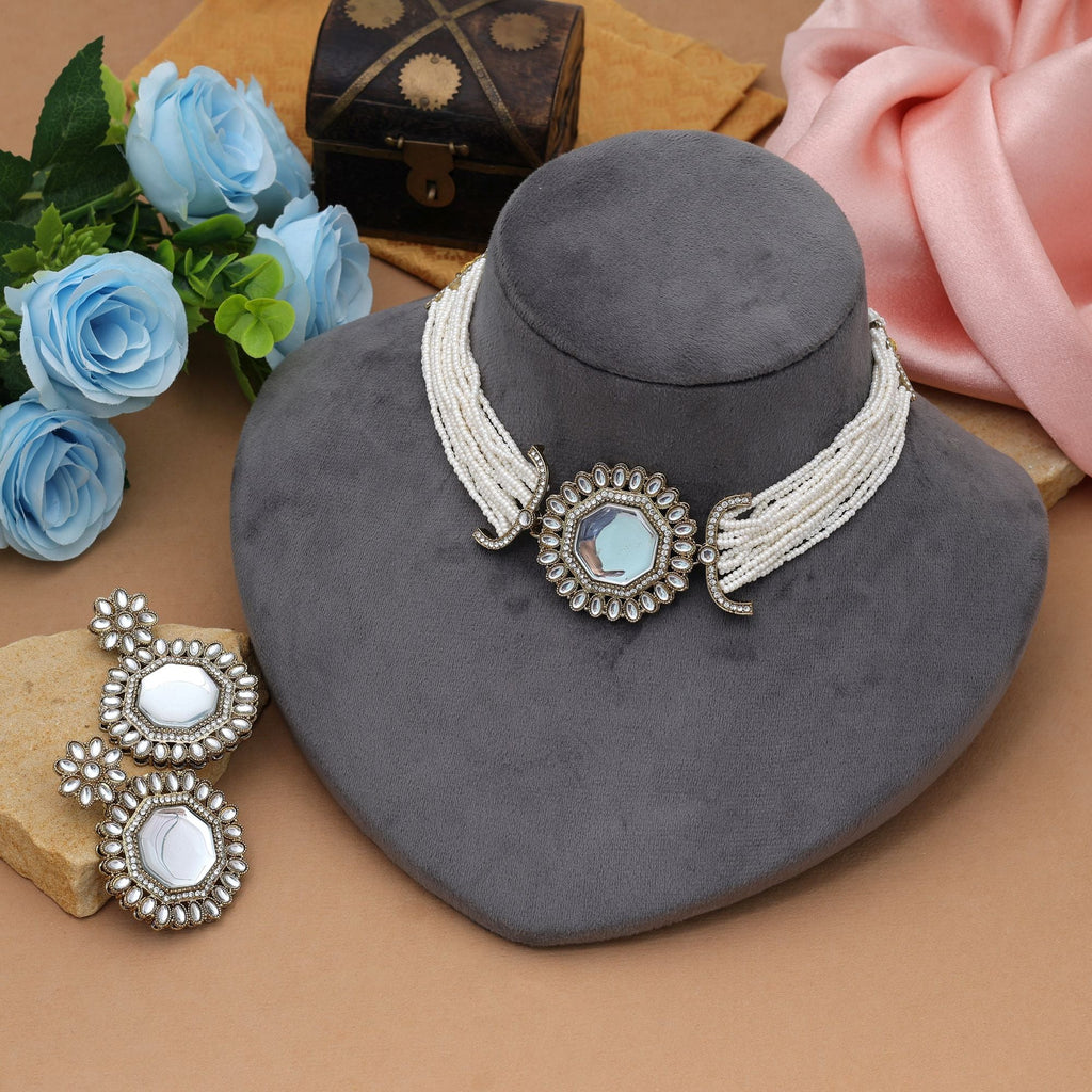 Chic White Choker Kundan Necklace Set