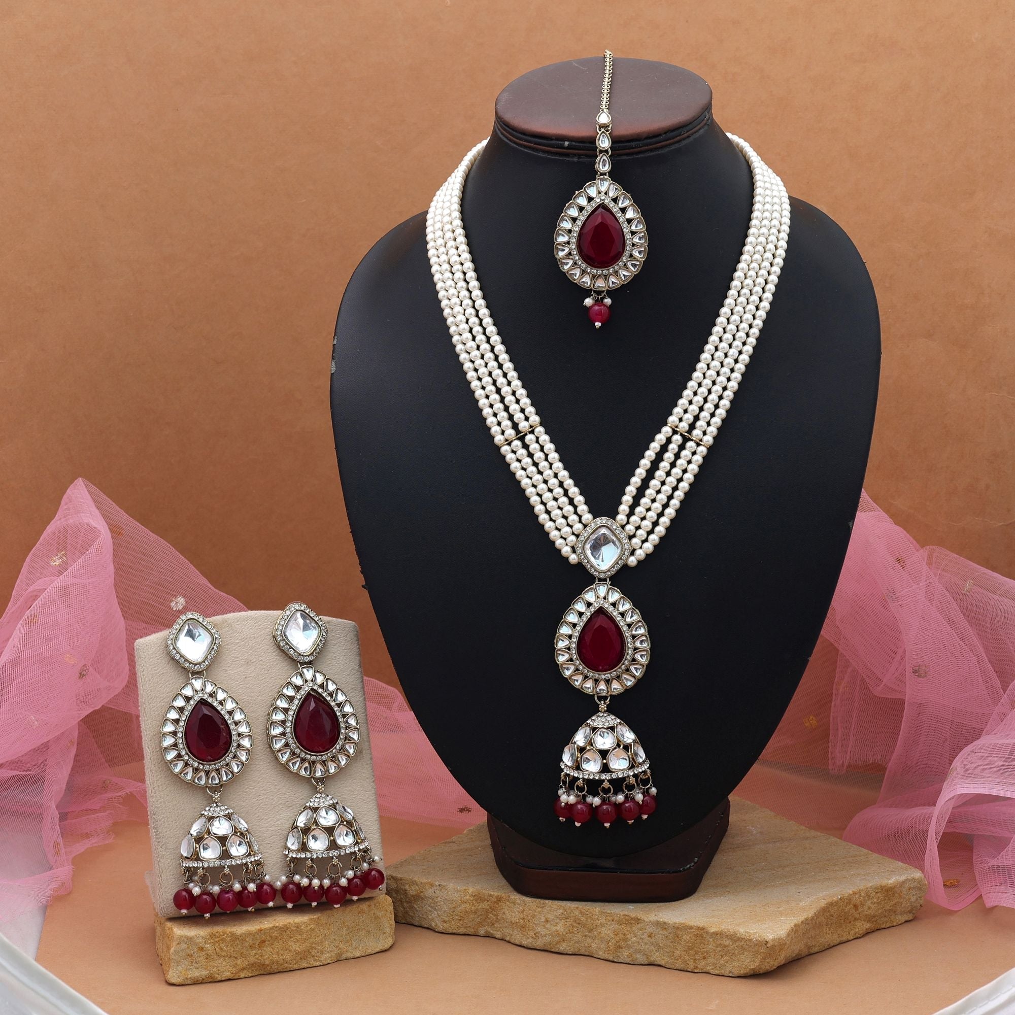 Bright Red Kundan Necklace Set