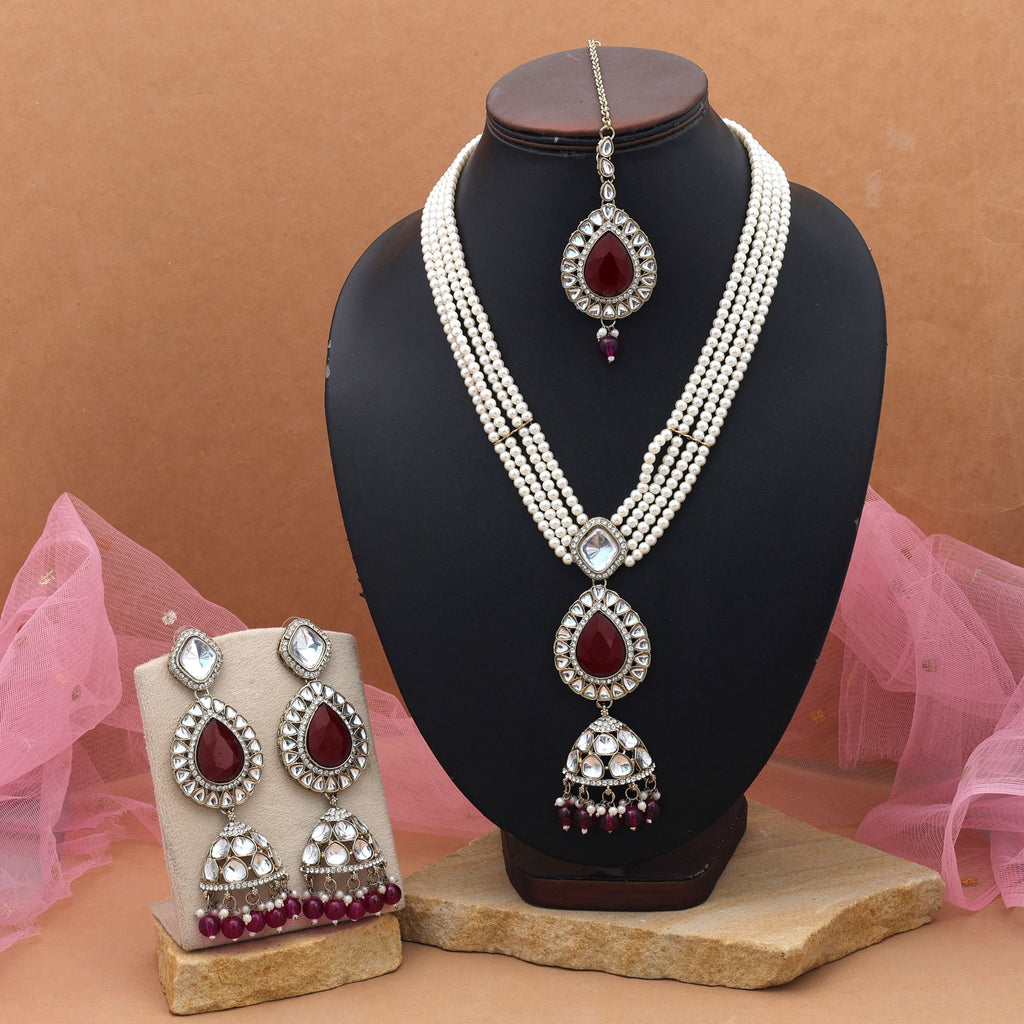 Luxury Wine Kundan Necklace Set