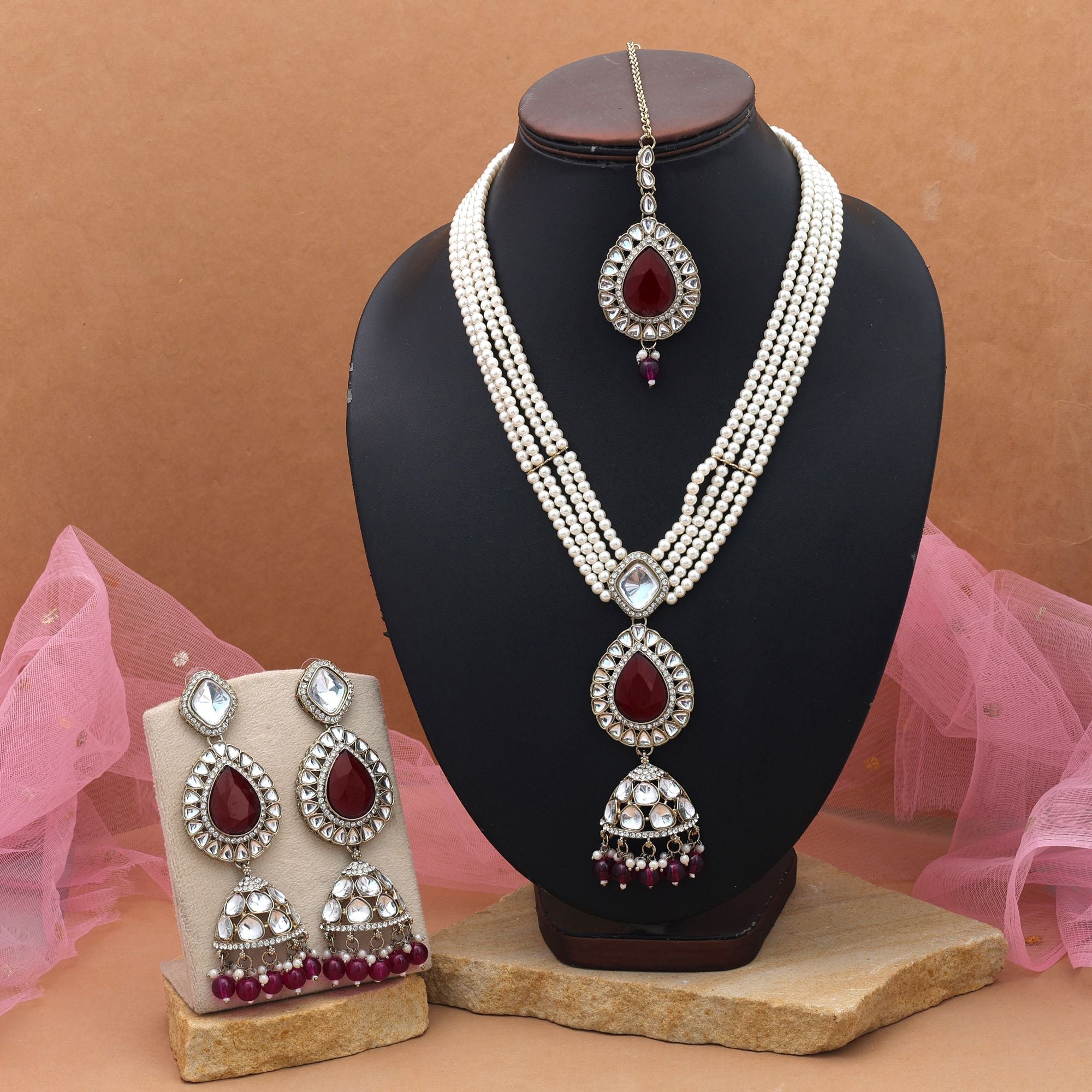 Luxury Wine Kundan Necklace Set