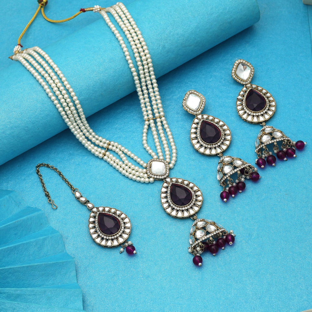 Luxury Wine Kundan Necklace Set