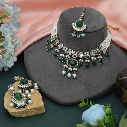 Green Color Choker Kundan Necklace Set Bridal Artwork