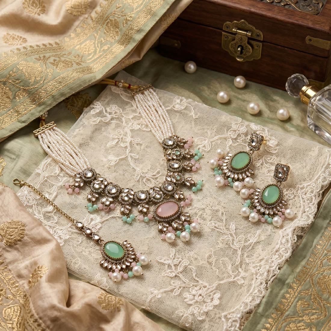 Light Pink Color Choker Kundan Necklace Set Bridal
