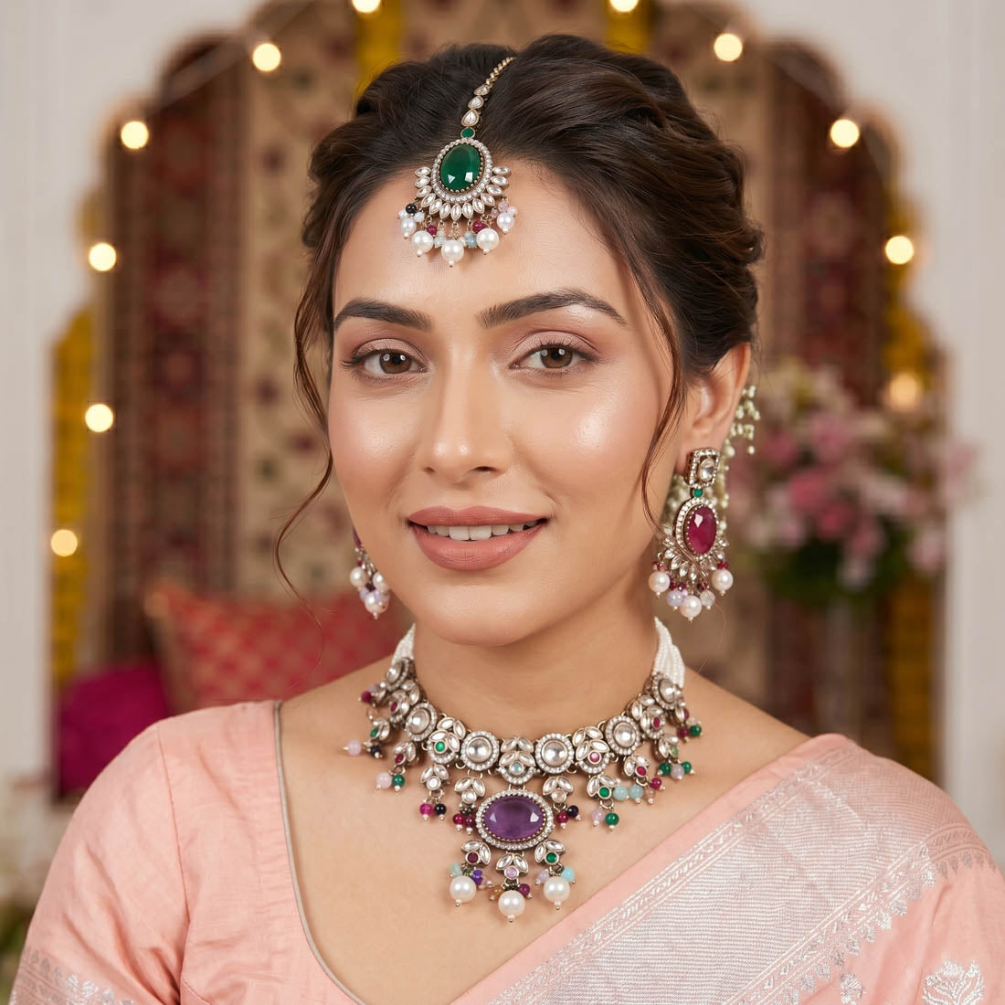Multi Color Choker Kundan Necklace Set Stone Design