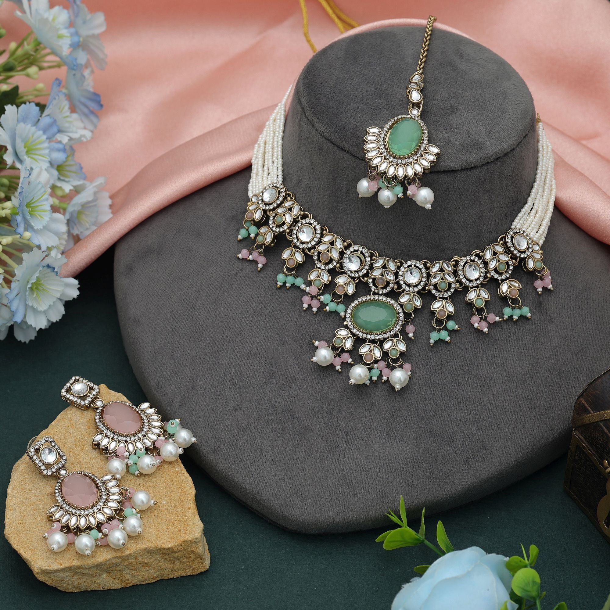 Pista Green Color Choker Kundan Necklace Set Festive