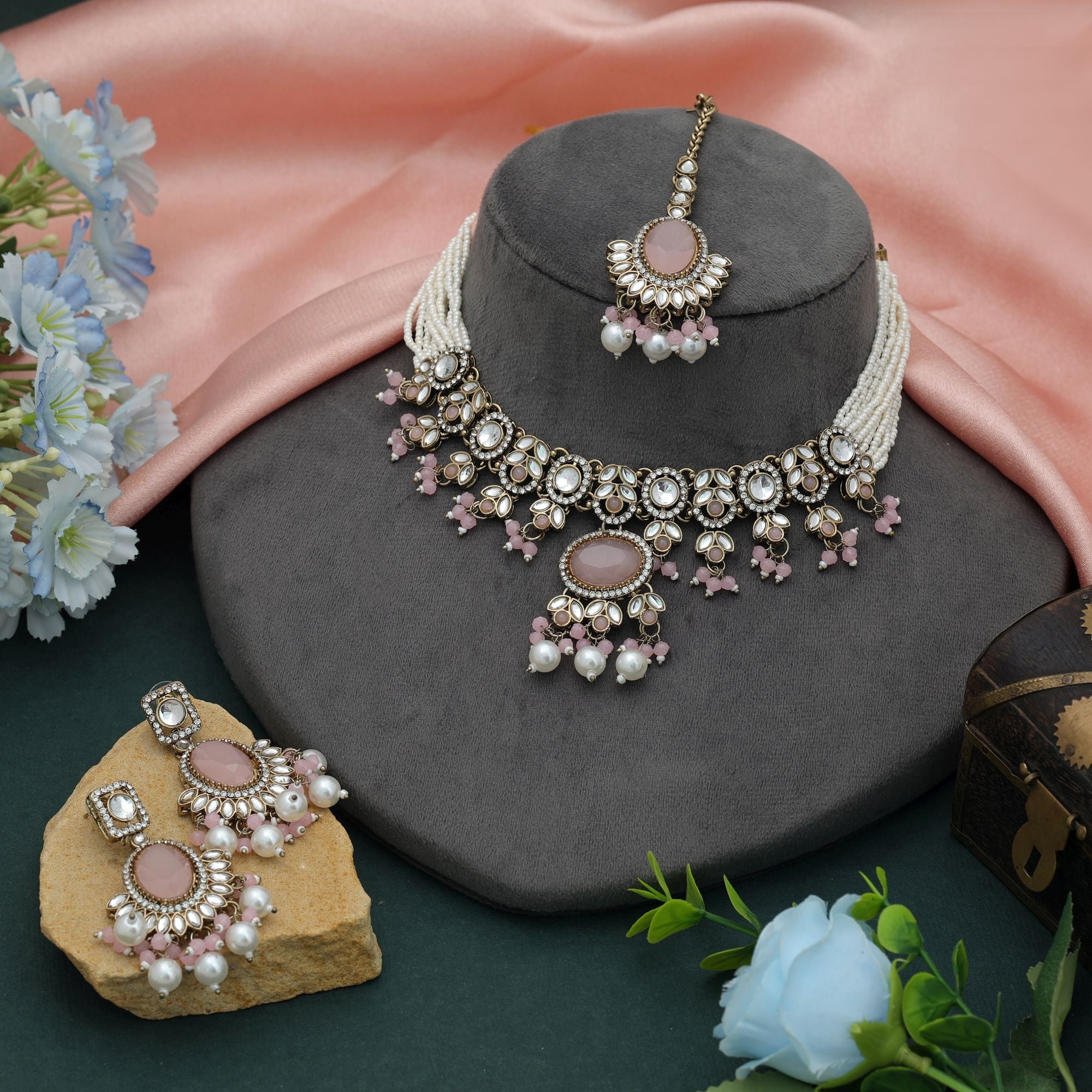 Pink Color Choker Kundan Necklace Set Wedding Finish
