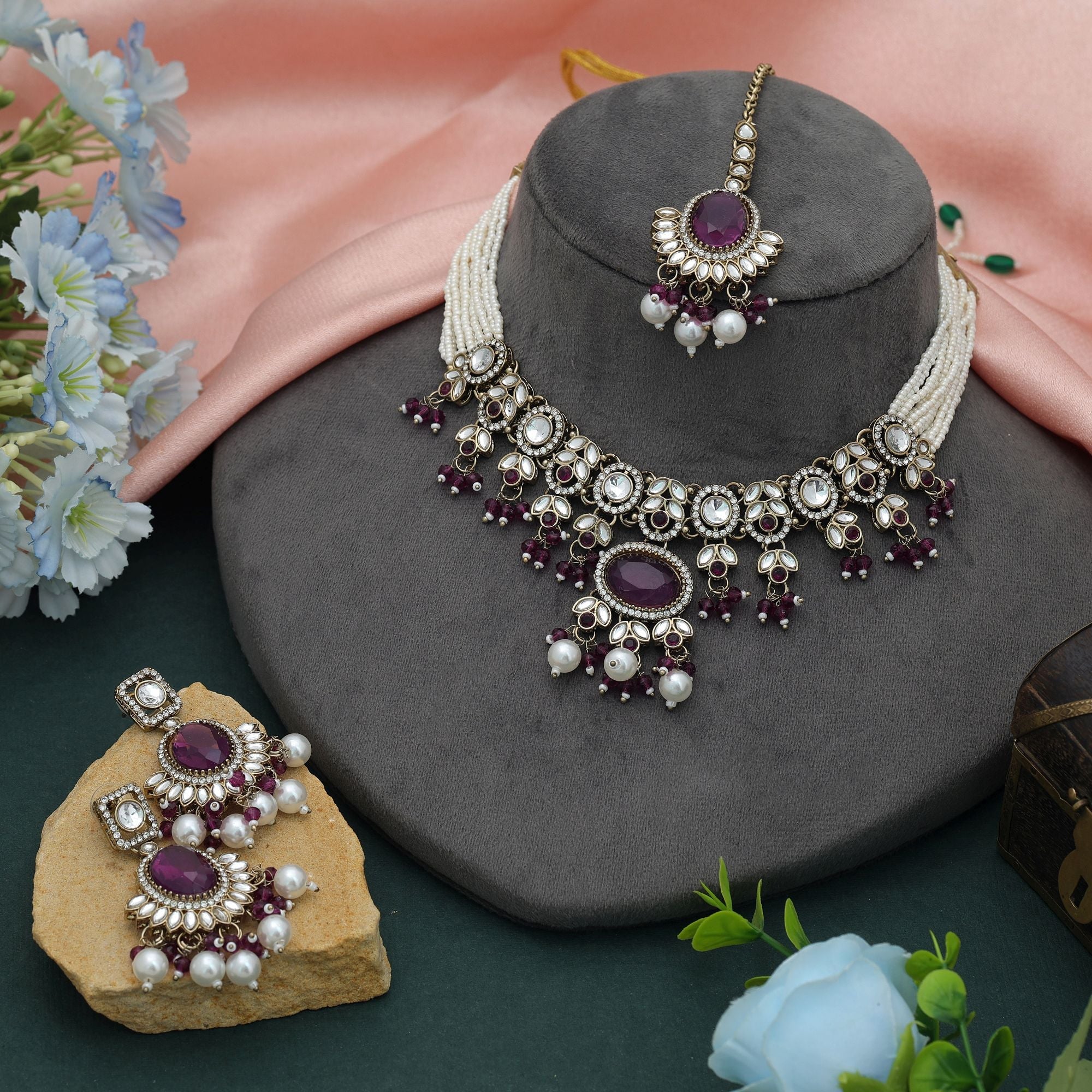 Purple Color Choker Kundan Necklace Set Pearl Detailing