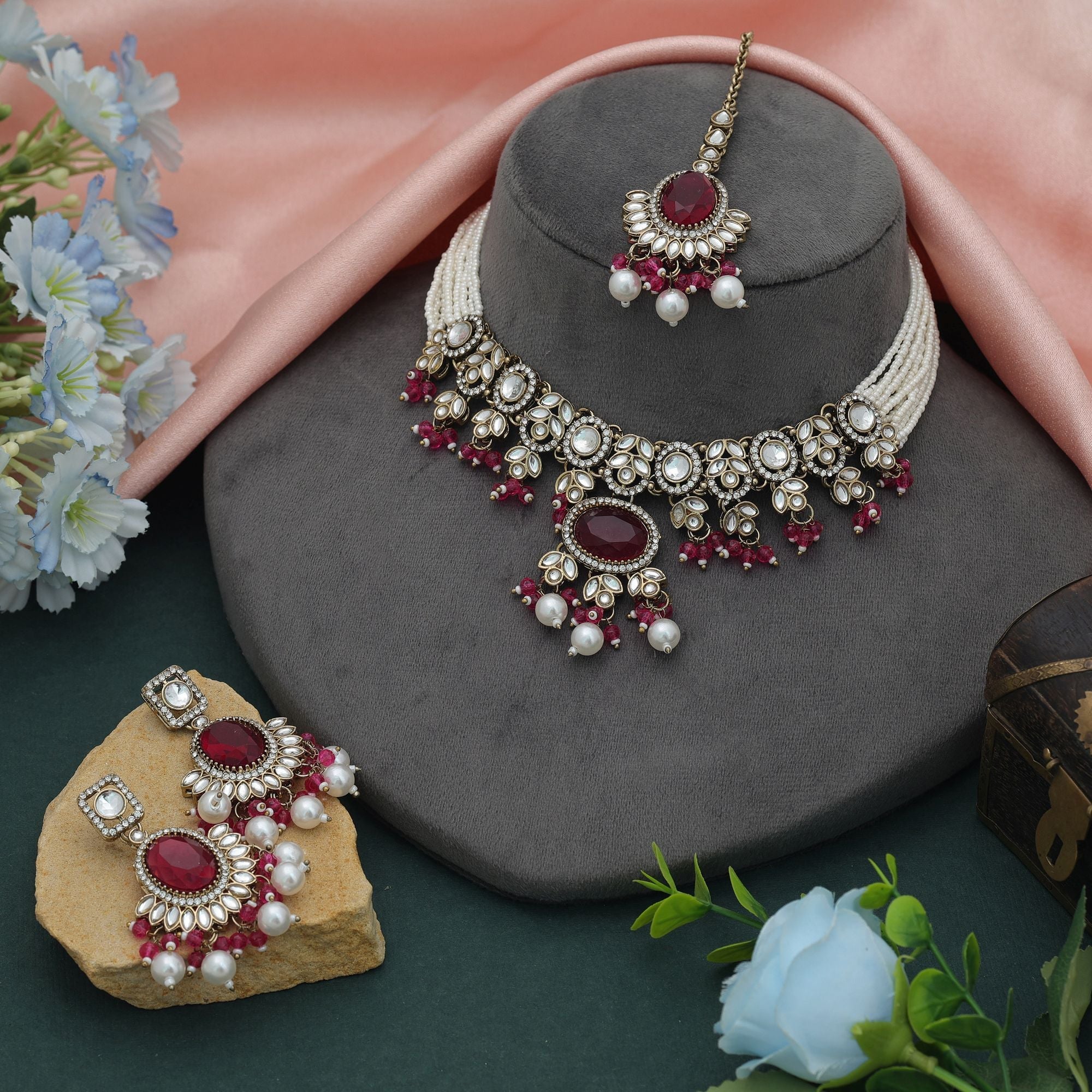 Rani Color Choker Kundan Necklace Set Bridal Style