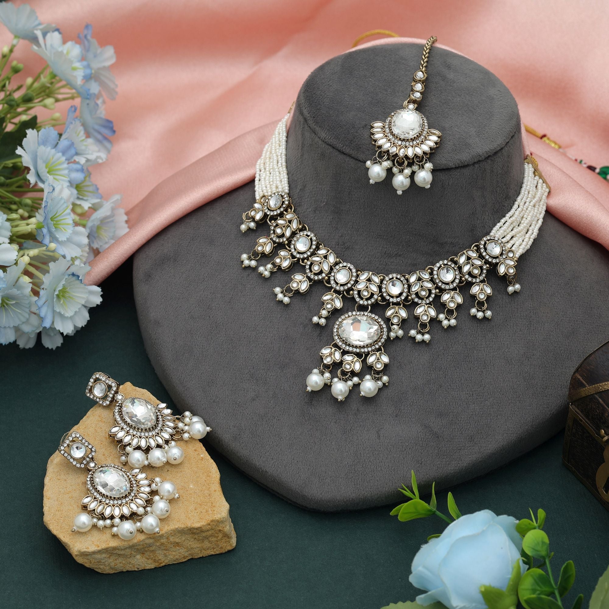 White Color Choker Kundan Necklace Set Bridal Design