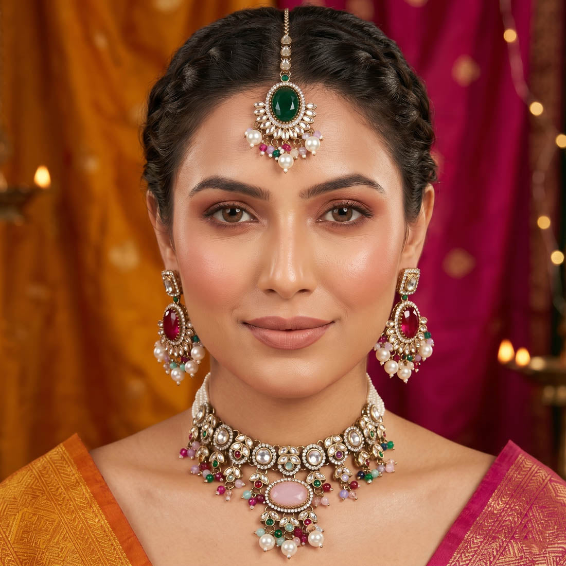 Multi Color Choker Kundan Necklace Set Festive Style